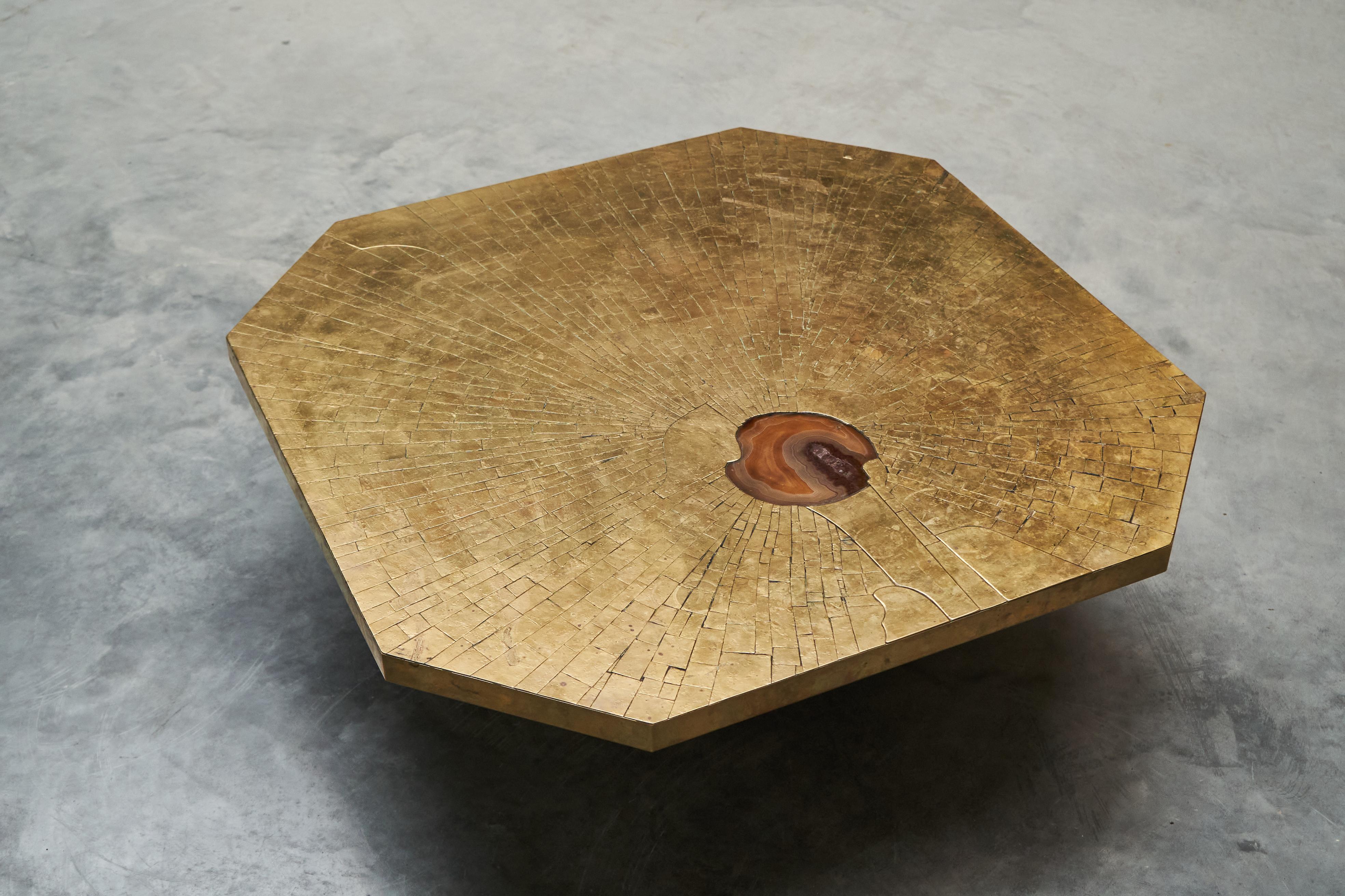 Christian Krekels Art Coffee Table in Inlaid Brass and Agate Belgium 1989 For Sale 3