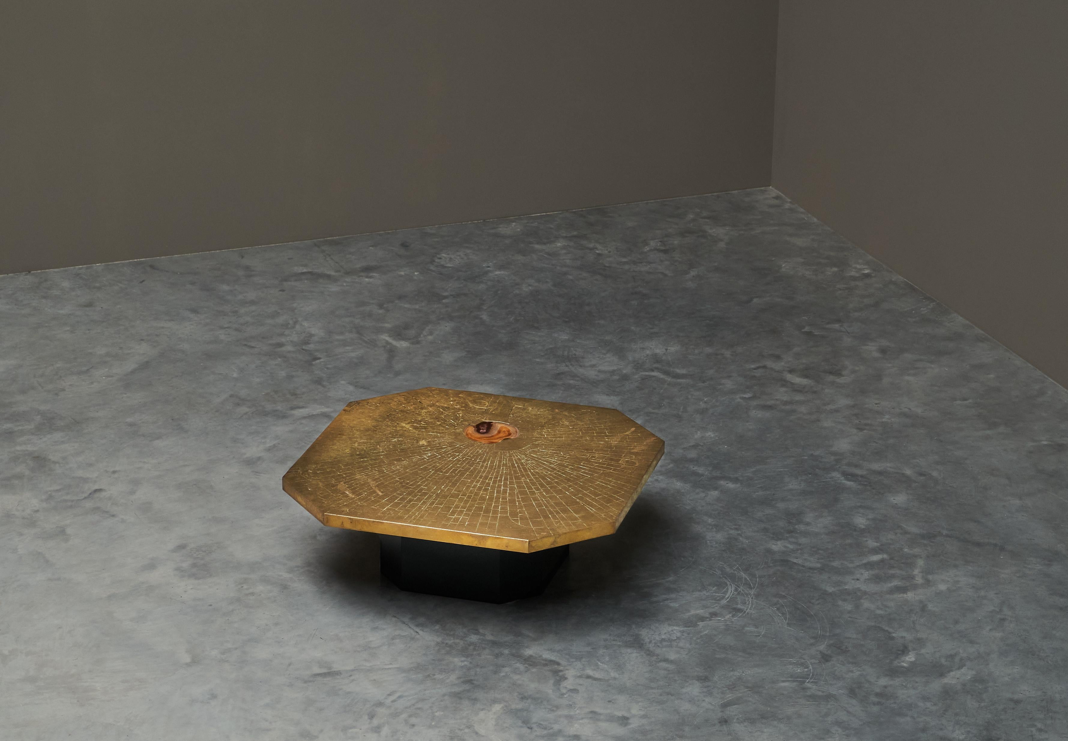 Mid-Century Modern Christian Krekels Art Coffee Table in Inlaid Brass and Agate Belgium 1989 For Sale