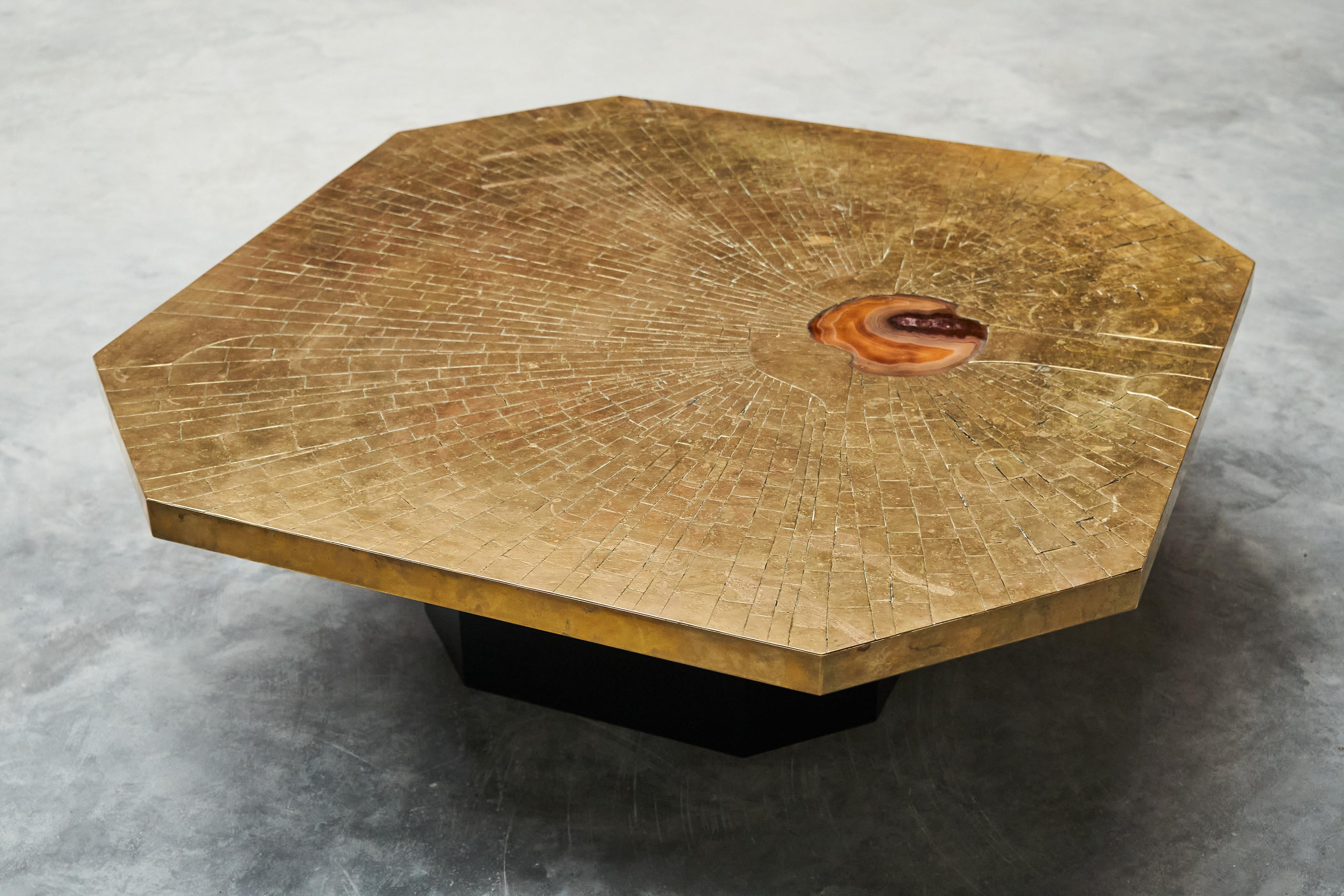 Christian Krekels Art Coffee Table in Inlaid Brass and Agate Belgium 1989 For Sale 1
