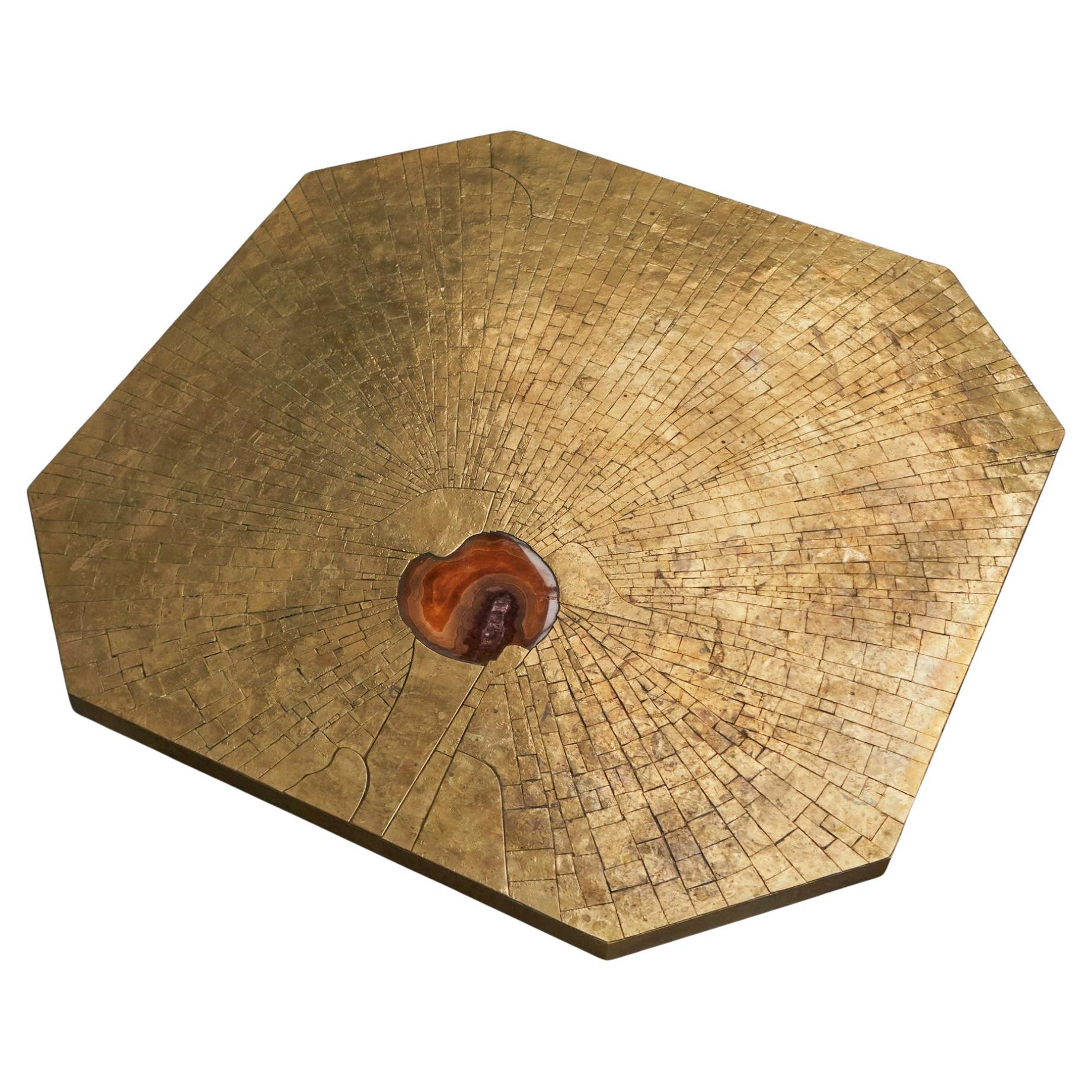 Christian Krekels Art Coffee Table in Inlaid Brass and Agate Belgium 1989 For Sale