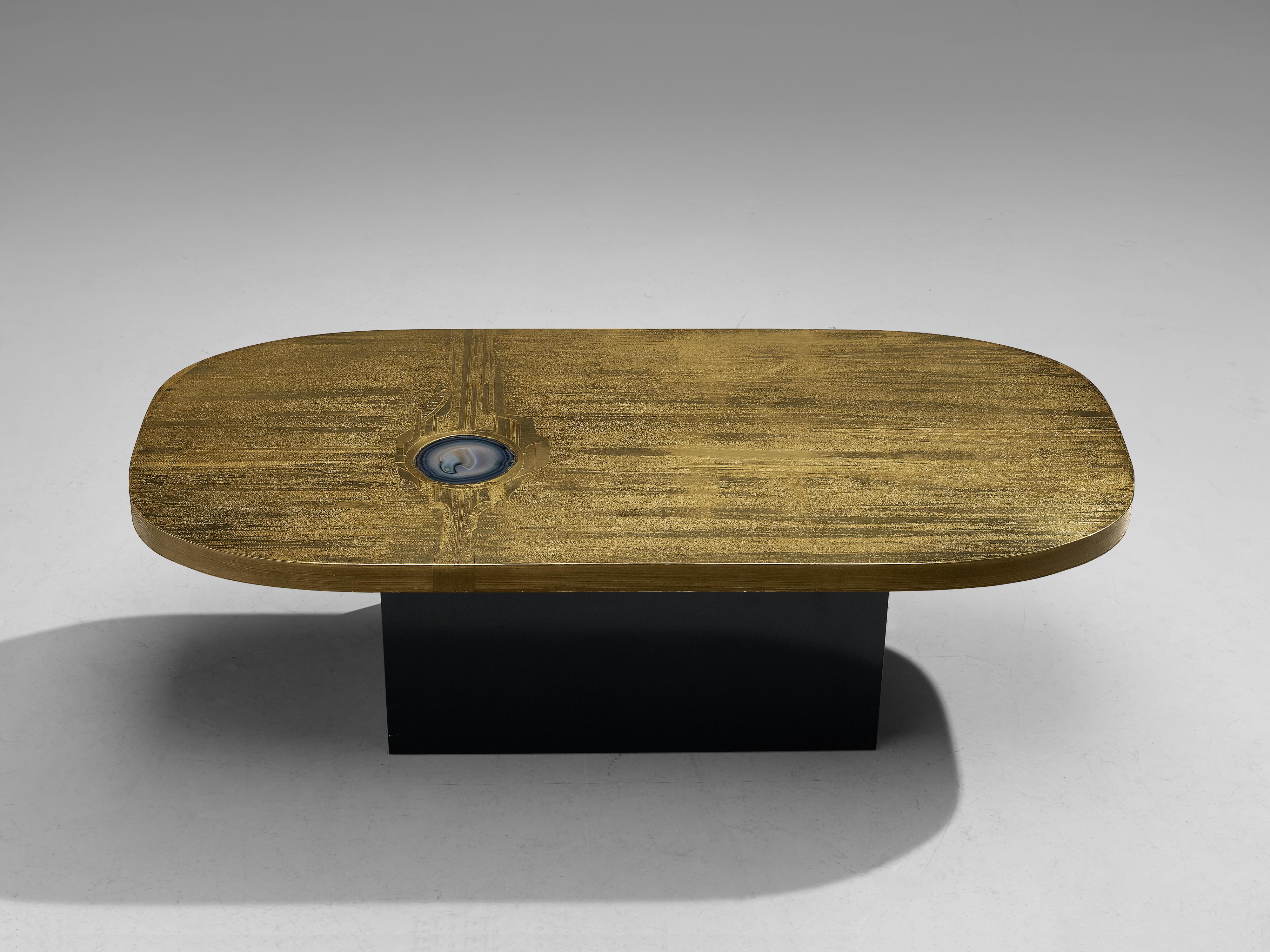 Belgian Christian Krekels Coffee Table in Etched Brass Inlayed with Agate For Sale