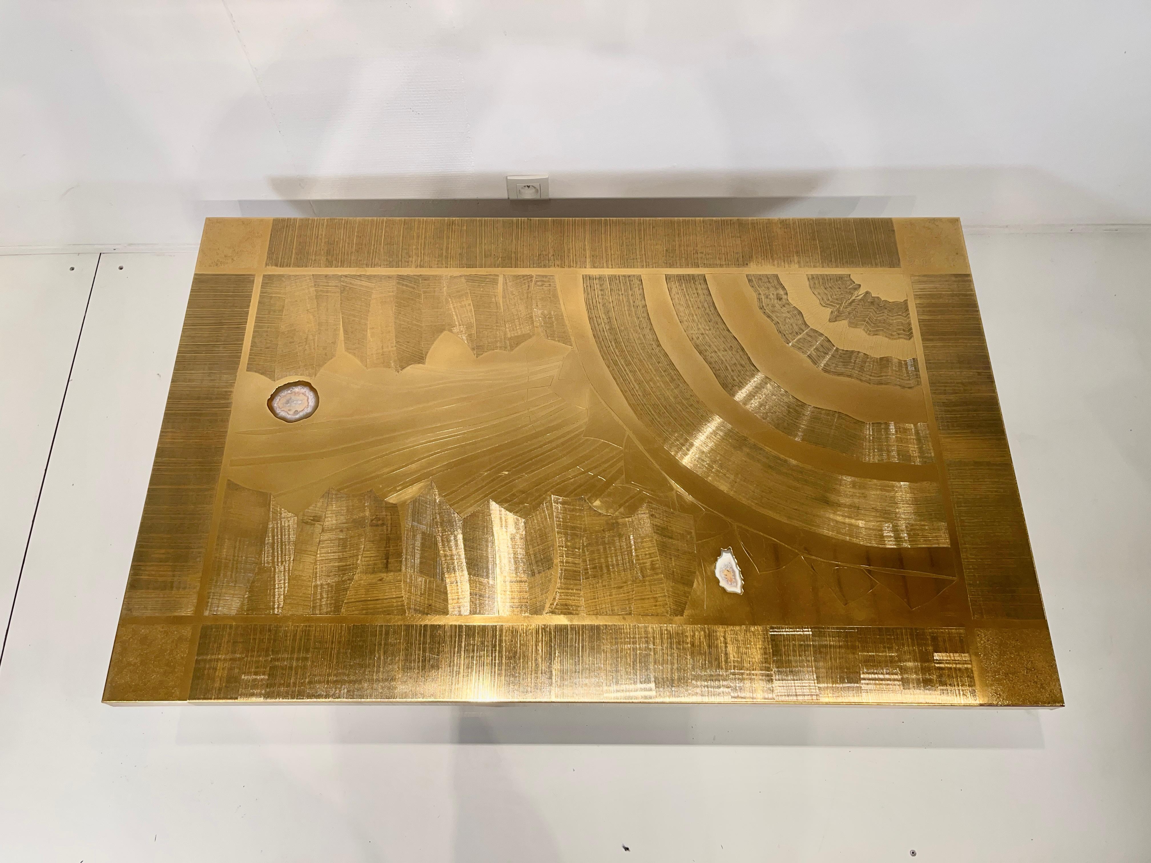 Christian Krekels Etched Brass Coffee Table Inlaid 2 Agates, circa 1977 For Sale 6