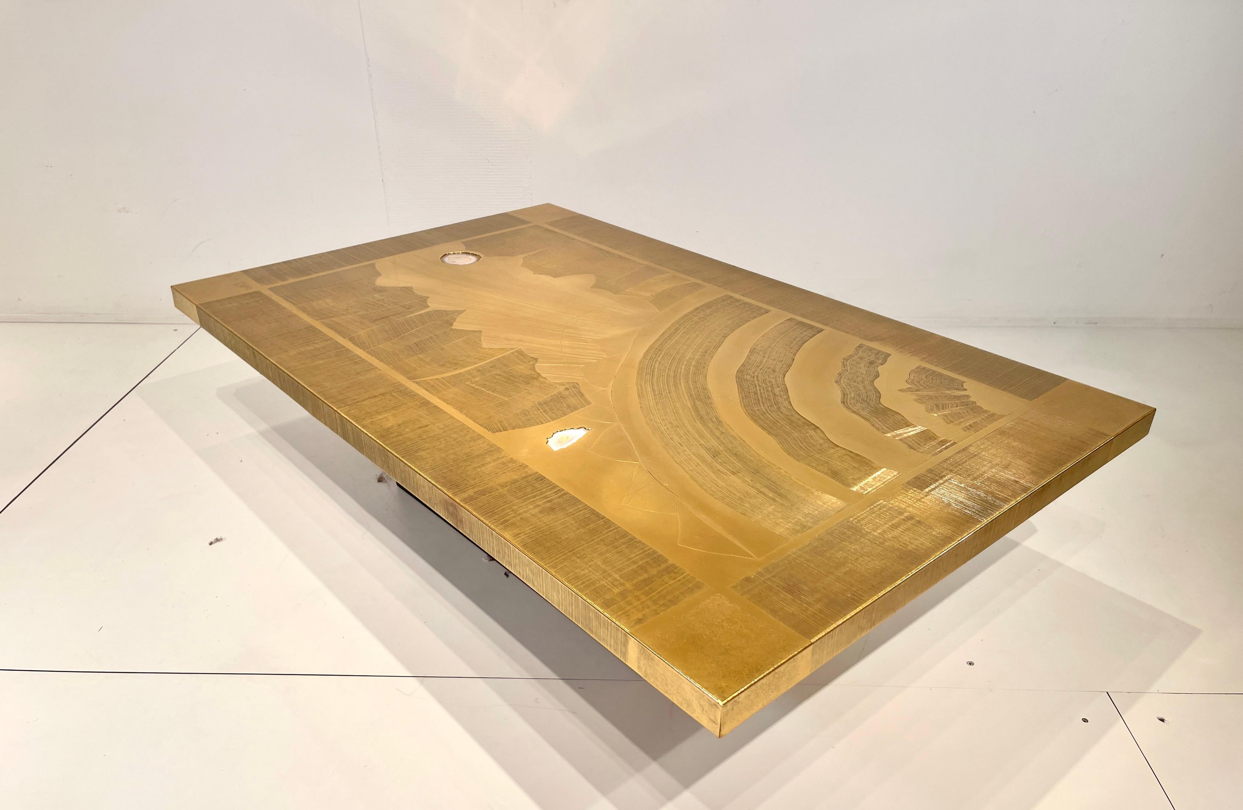 Mid-Century Modern Christian Krekels Etched Brass Coffee Table Inlaid 2 Agates, circa 1977 For Sale
