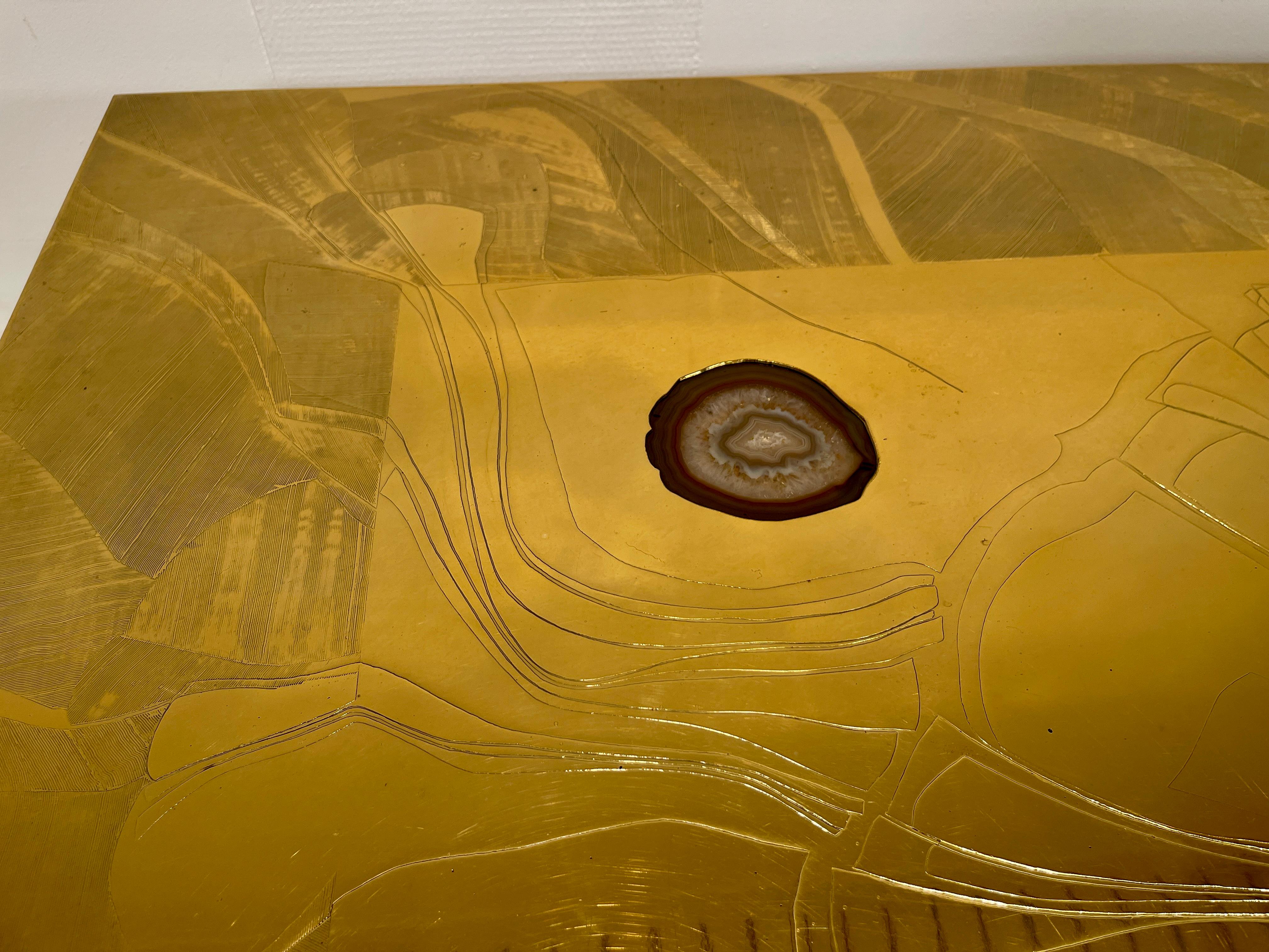 Christian Krekels Etched Brass Coffee Table Inlaid Agate, circa 1970 For Sale 4