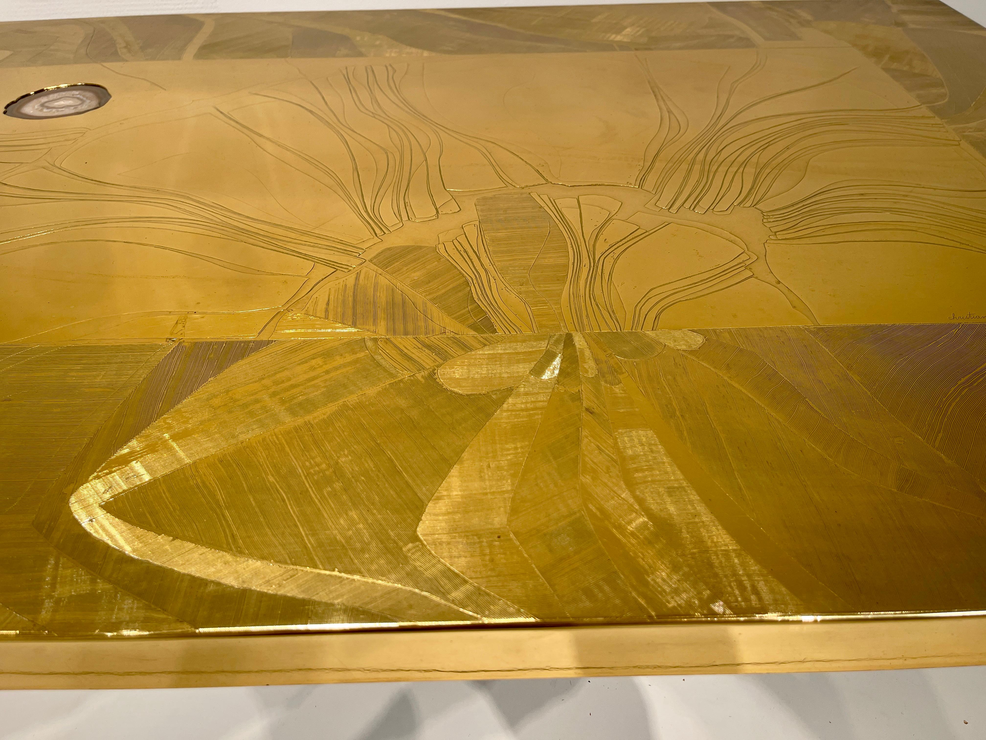 Christian Krekels Etched Brass Coffee Table Inlaid Agate, circa 1970 For Sale 5