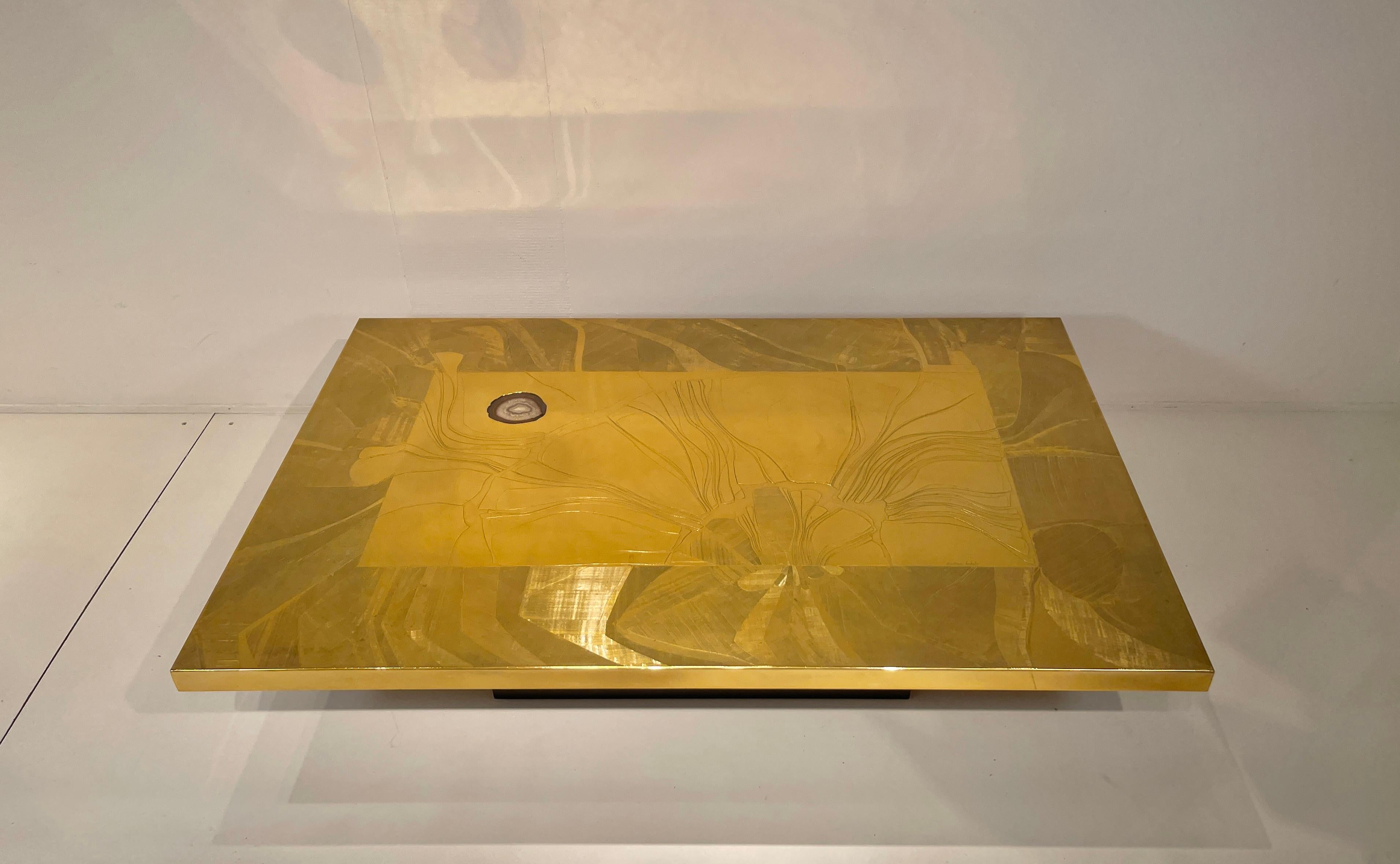 Mid-Century Modern Christian Krekels Etched Brass Coffee Table Inlaid Agate, circa 1970 For Sale