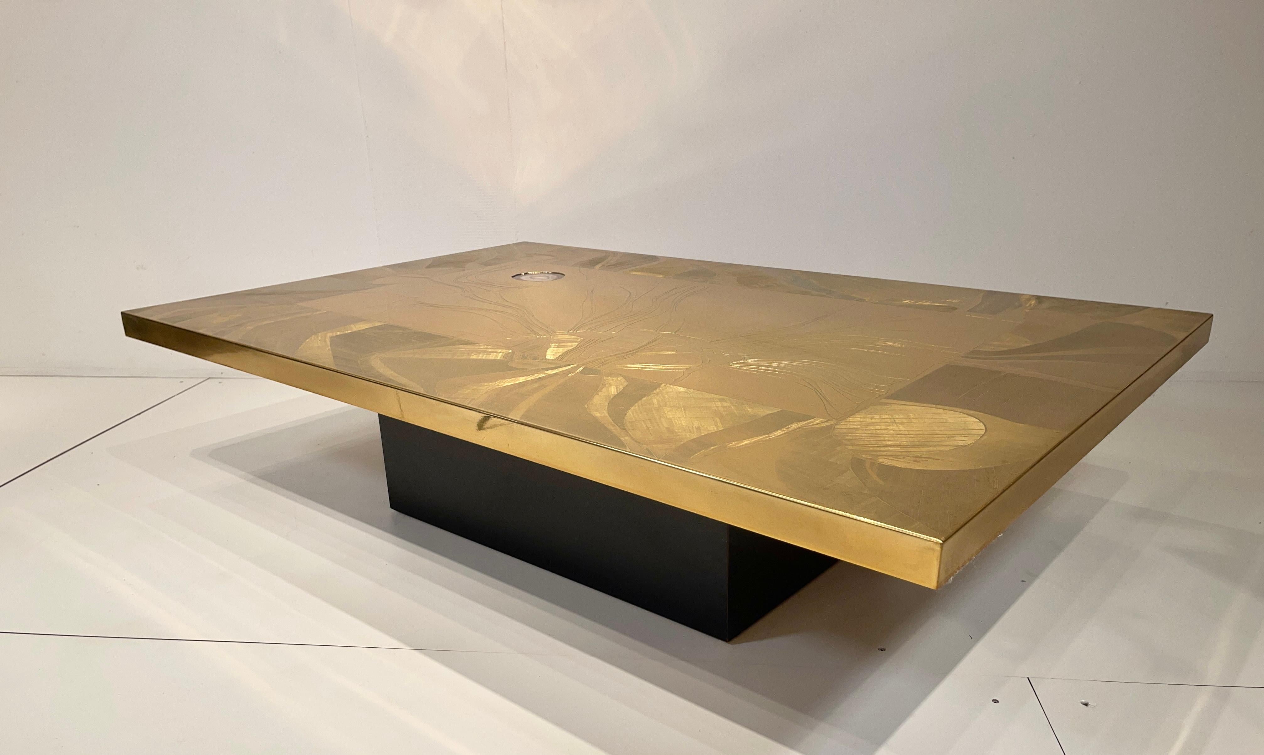 Belgian Christian Krekels Etched Brass Coffee Table Inlaid Agate, circa 1970 For Sale