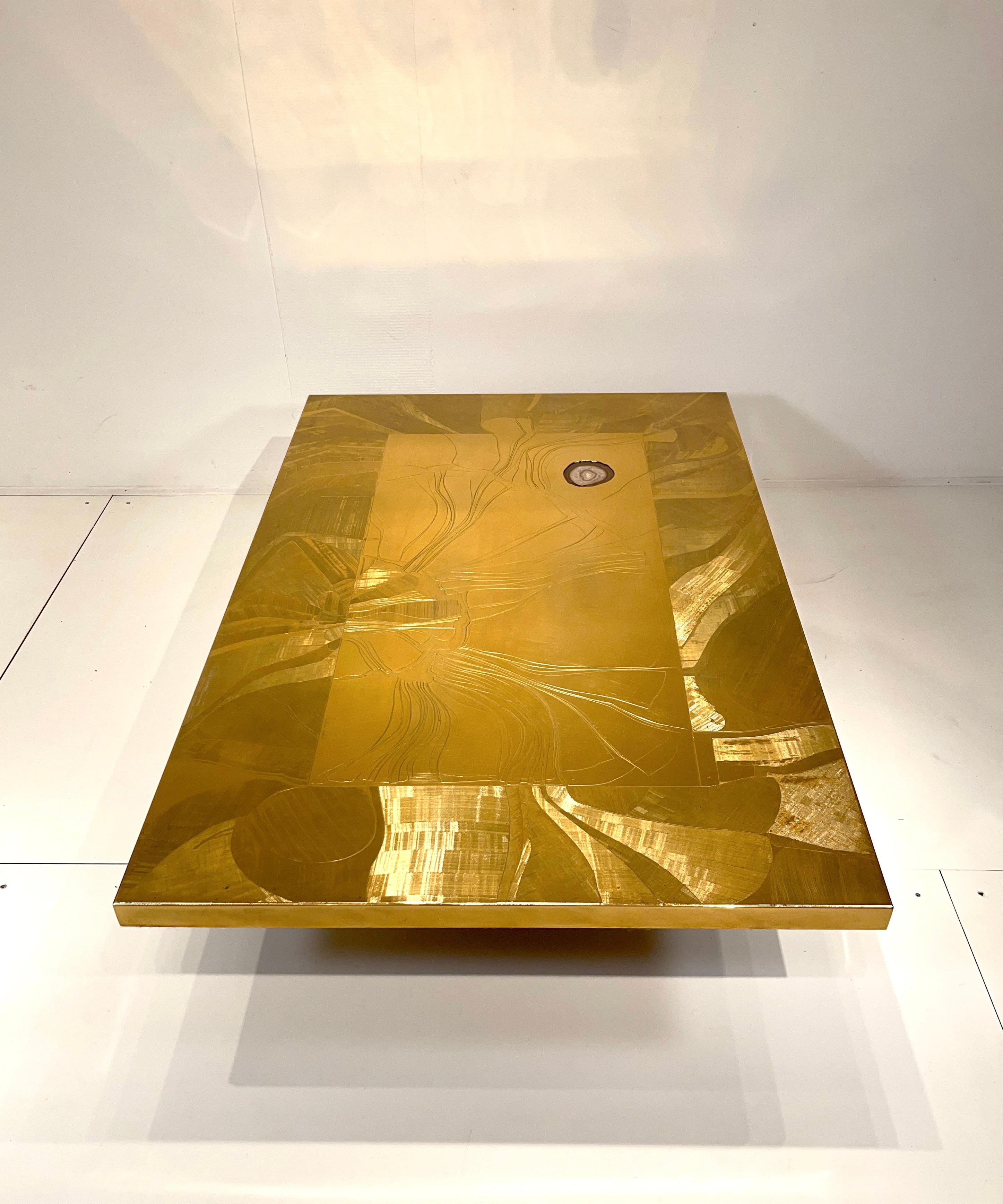 Christian Krekels Etched Brass Coffee Table Inlaid Agate, circa 1970 For Sale 2