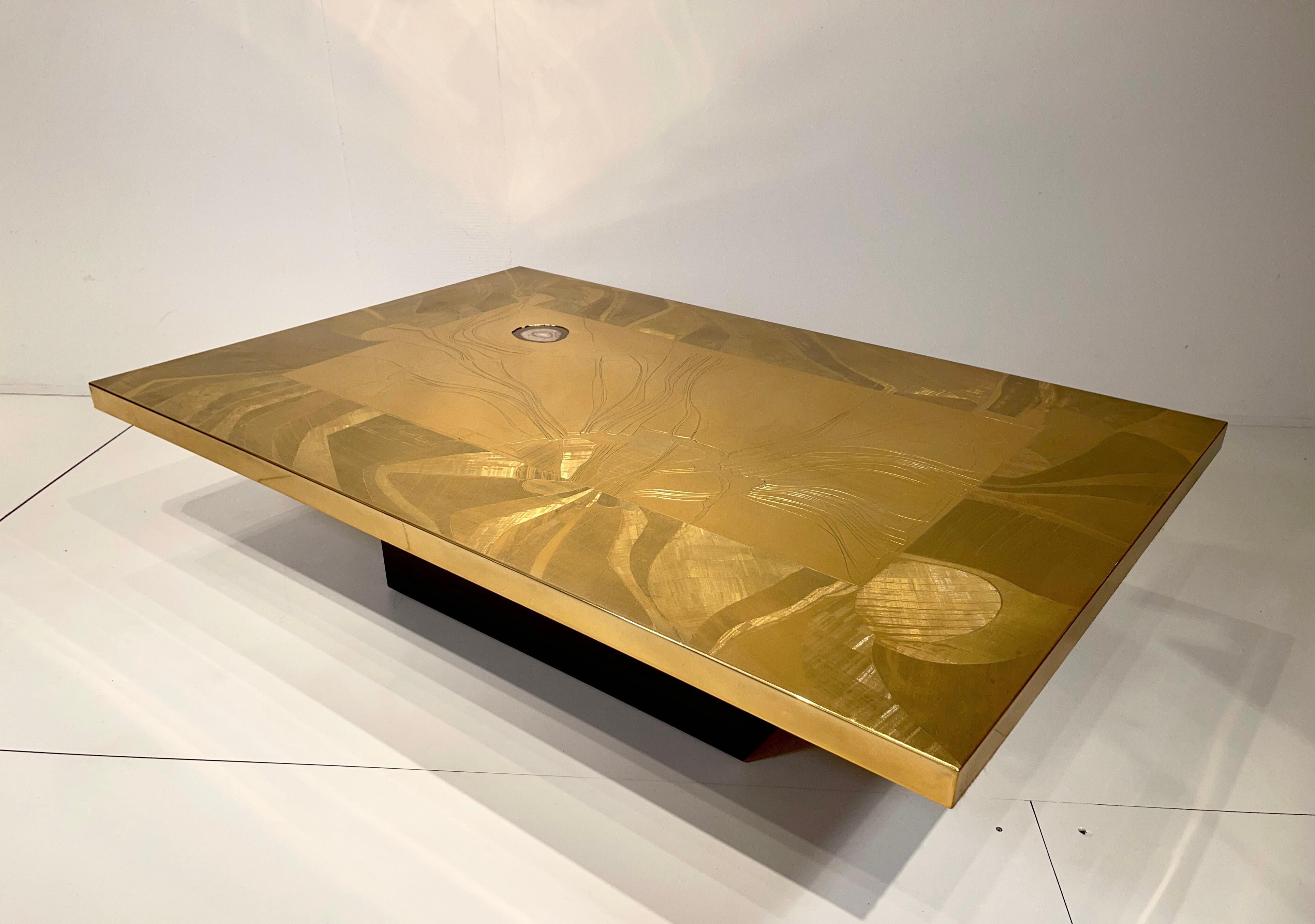 Christian Krekels Etched Brass Coffee Table Inlaid Agate, circa 1970 For Sale 3