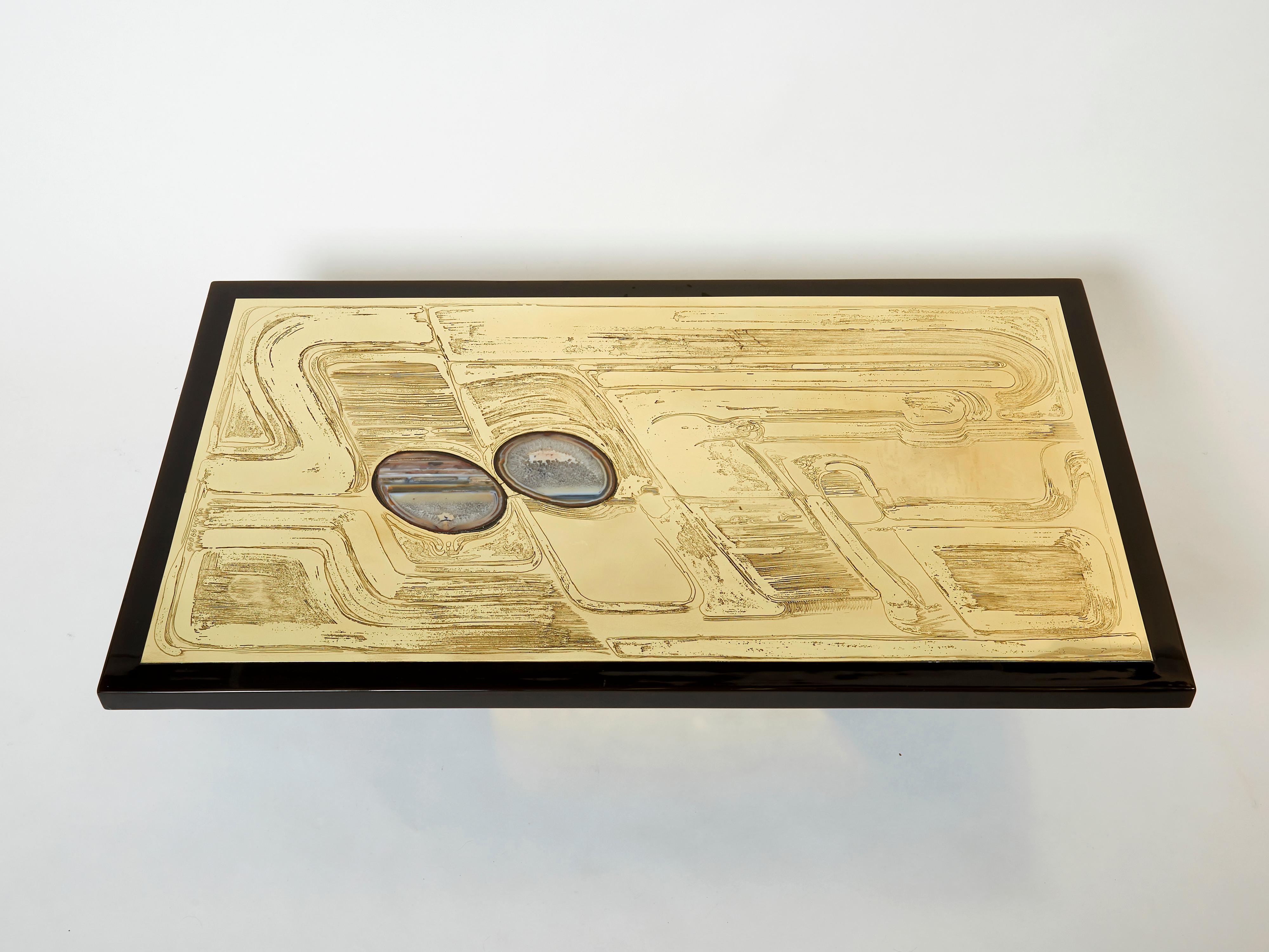 Christian Krekels Signed Belgian Etched Brass Agate Coffee Table, 1979 For Sale 8