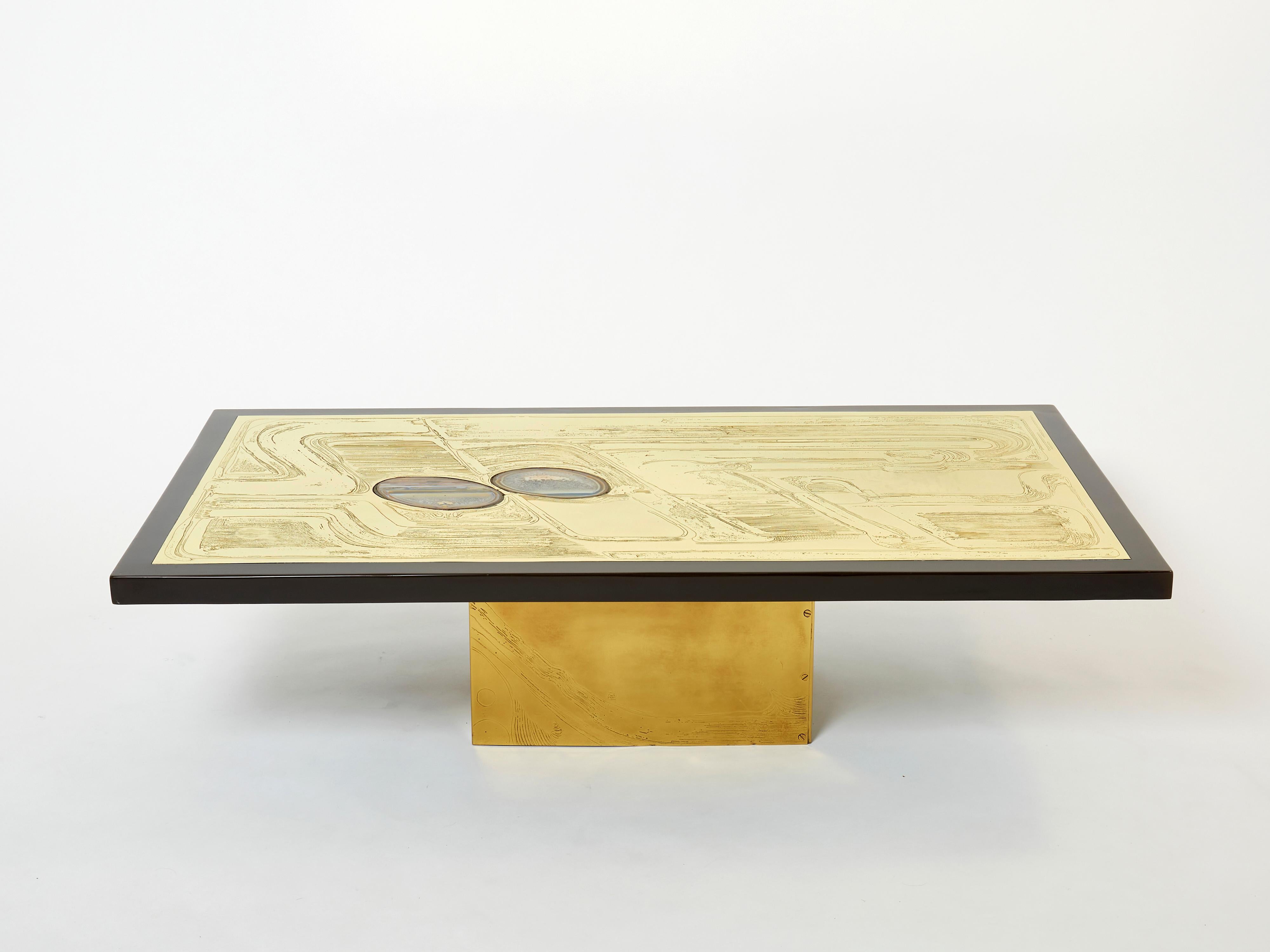 Christian Krekels Signed Belgian Etched Brass Agate Coffee Table, 1979 For Sale 9
