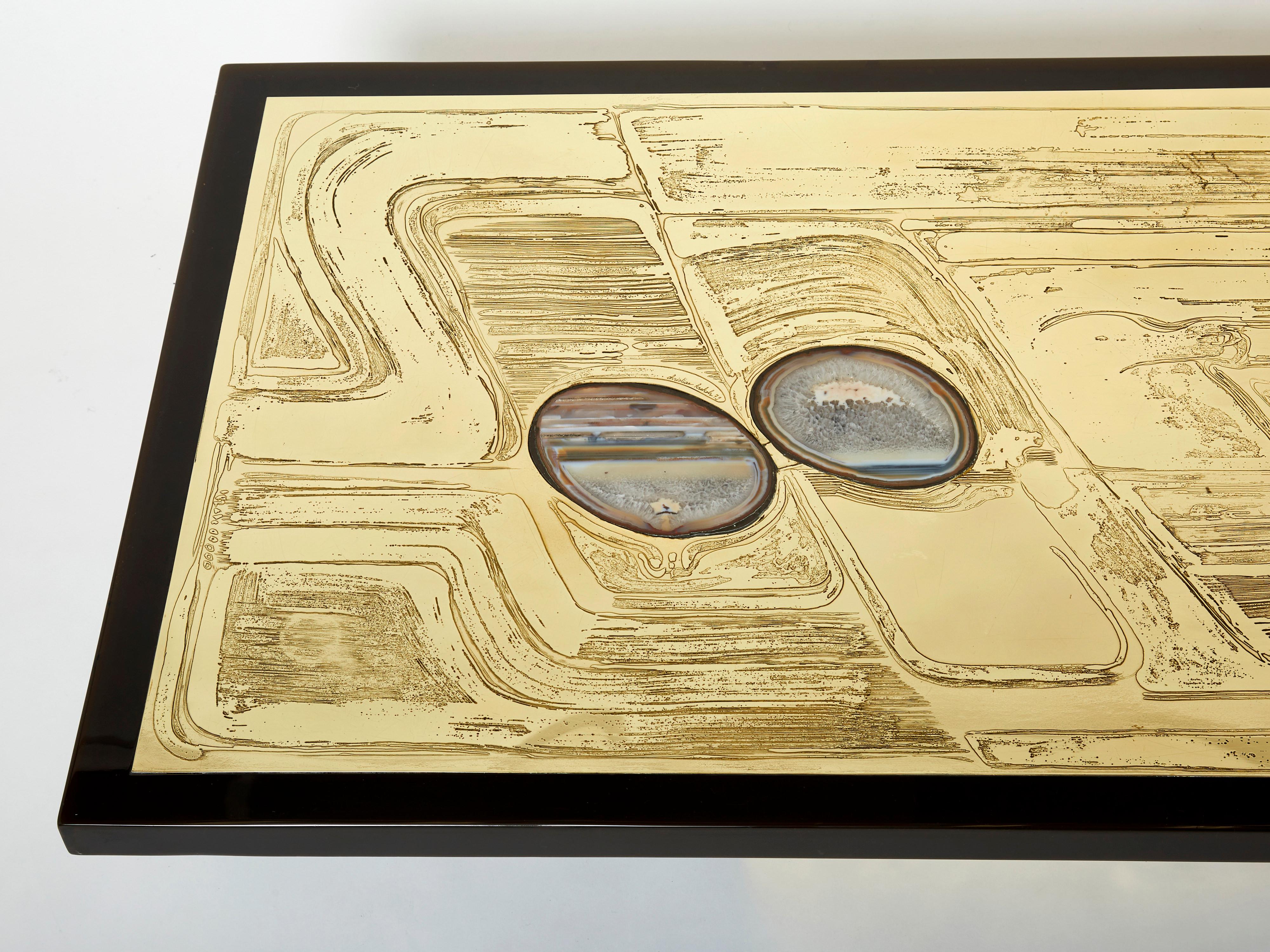 Mid-Century Modern Christian Krekels Signed Belgian Etched Brass Agate Coffee Table, 1979 For Sale