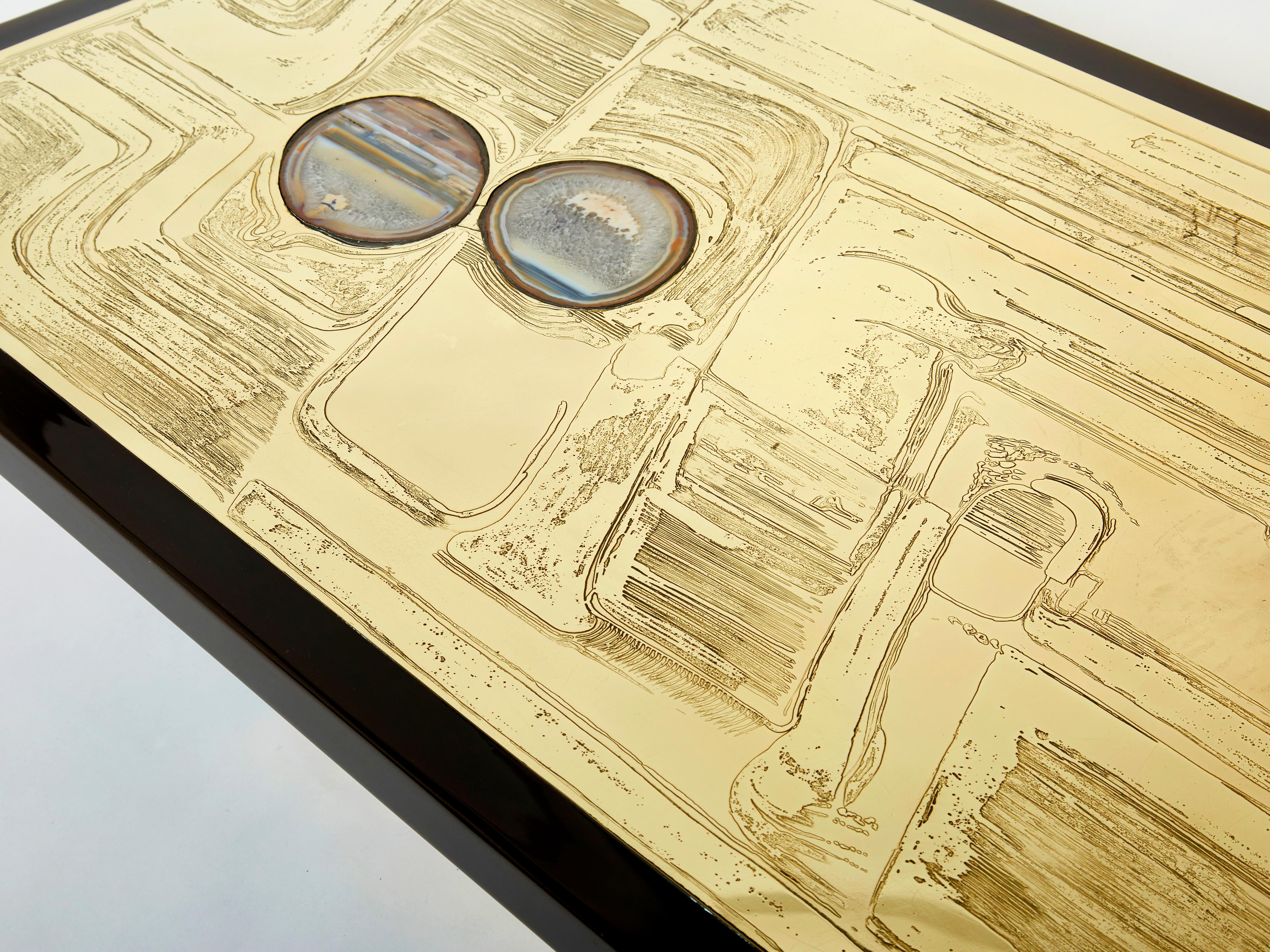 Christian Krekels Signed Belgian Etched Brass Agate Coffee Table, 1979 In Good Condition For Sale In Paris, IDF