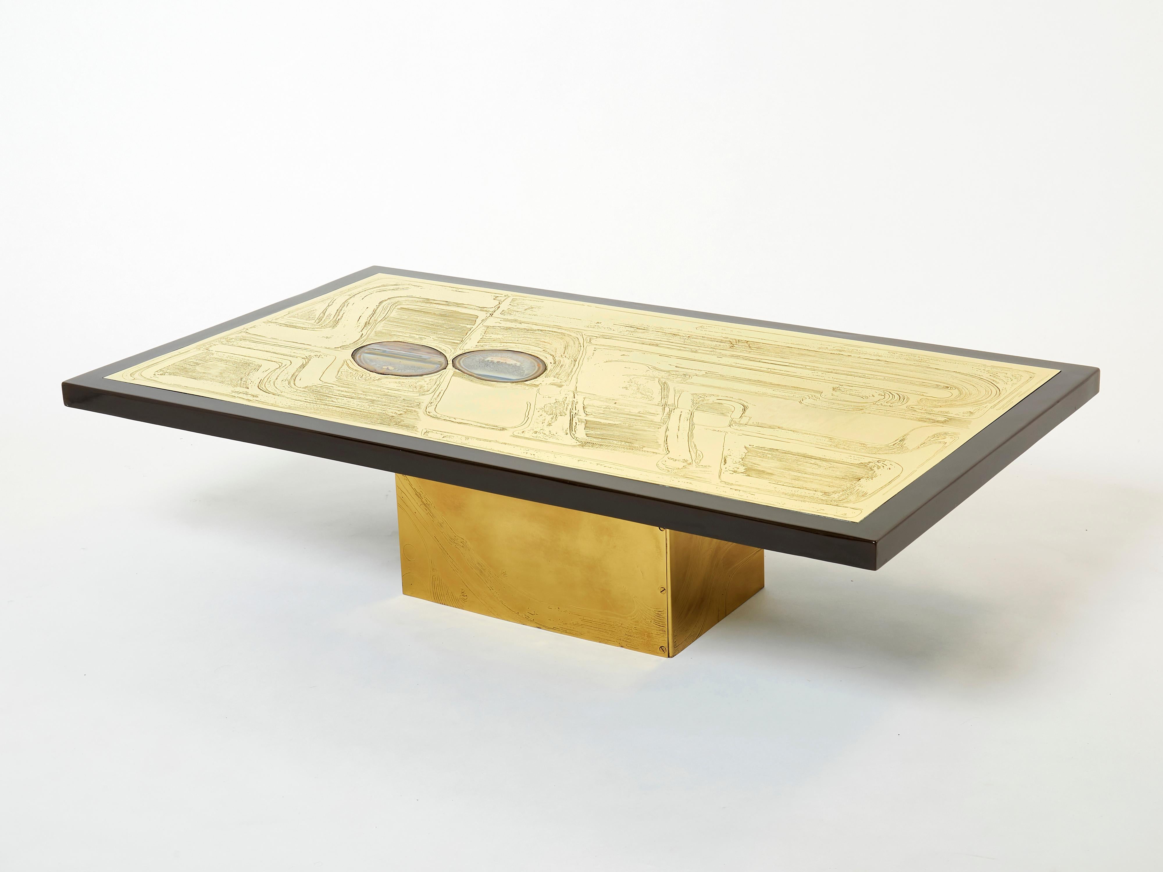 Late 20th Century Christian Krekels Signed Belgian Etched Brass Agate Coffee Table, 1979 For Sale