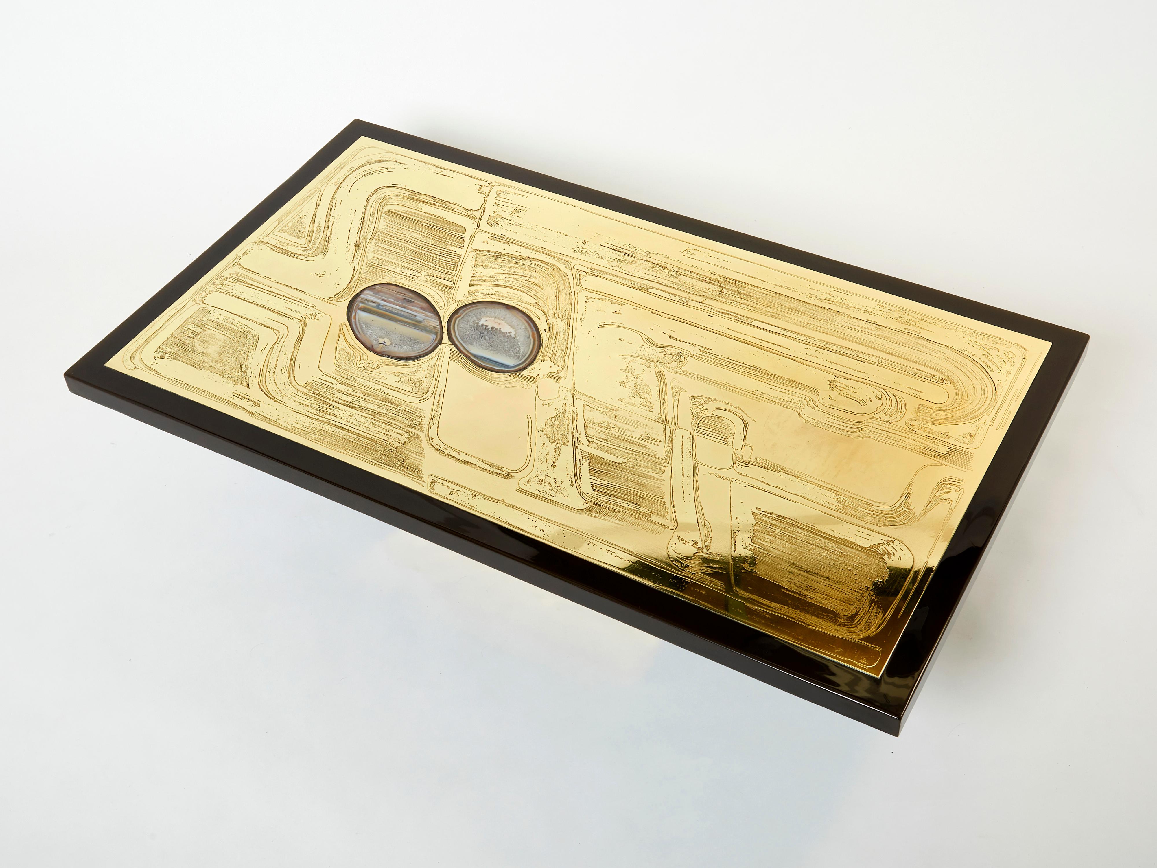 Christian Krekels Signed Belgian Etched Brass Agate Coffee Table, 1979 For Sale 1