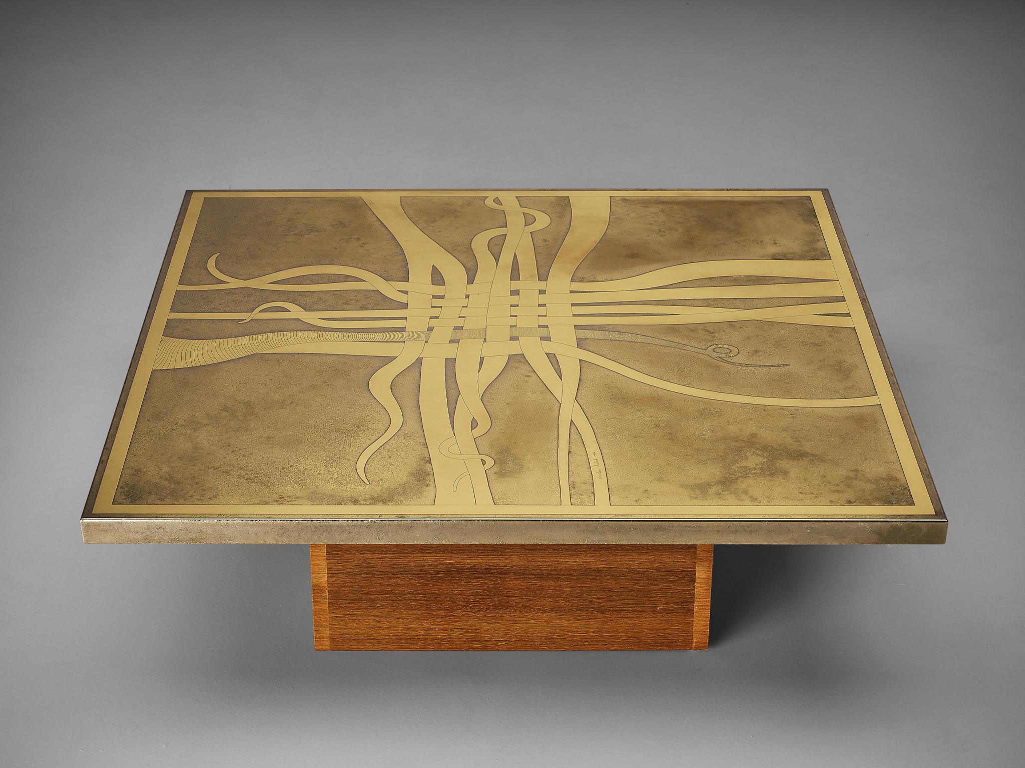 Christian Krekels, coffee table, brass, wengé, Belgium, 1976

Admirable coffee table with square tabletop in ornamented brass by Belgian designer Christian Krekels in 1976. It is a bold example of Belgium design of the 1970s. The patinated tabletop