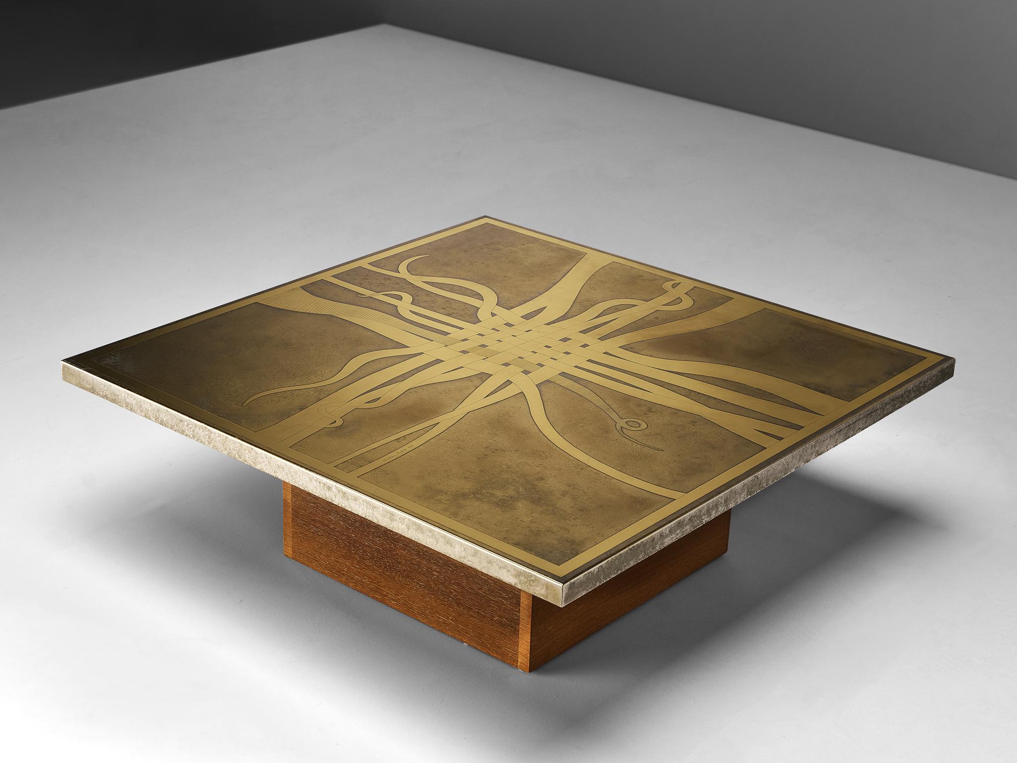 Belgian Christian Krekels Signed Coffee Table in Brass and Wengé  For Sale