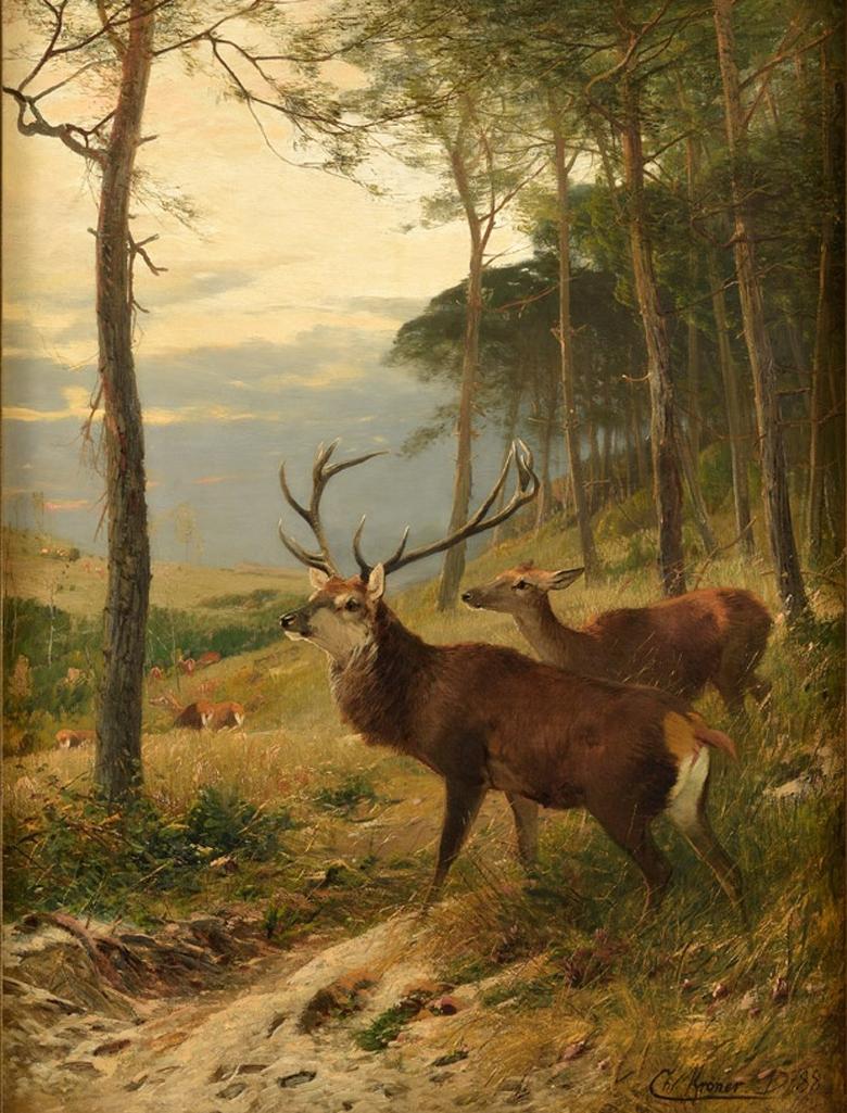 Christian Kroner Landscape Painting - Deer at Sunset