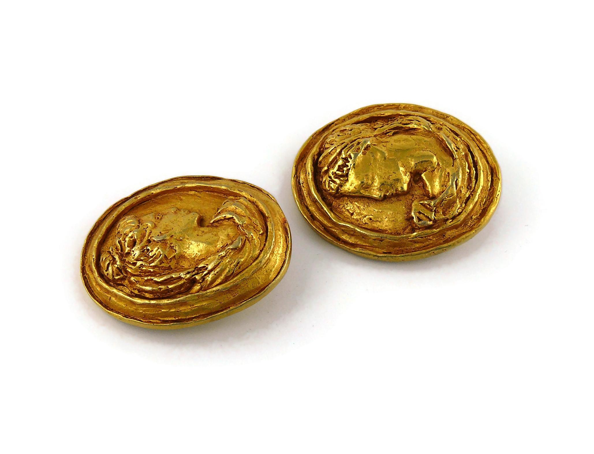 Women's Christian Lacoix Vintage Gold Toned Greek Roman Cameo Clip-On Earrings