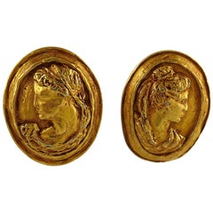 Christian Lacoix Vintage Gold Toned Greek Roman Cameo Clip-On Earrings