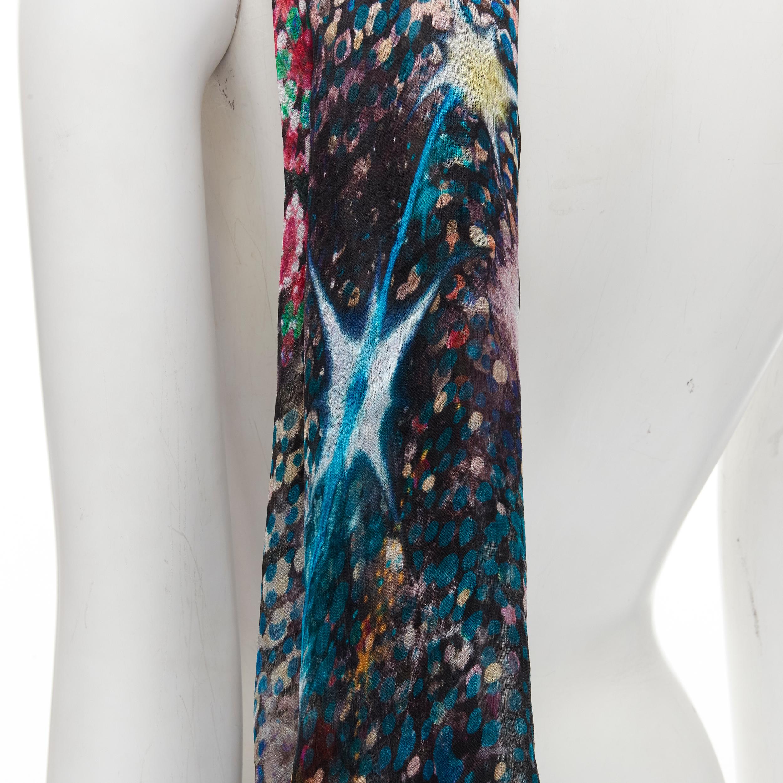 CHRISTIAN LACROIX 100% silk black futuristic galactic jewel space print scarf
Brand: Christian Lacroix
Material: 100% Silk
Color: Black
Pattern: Abstract
Extra Detail: Frayed edge.
Made in: Italy

CONDITION:
Condition: Excellent, this item was