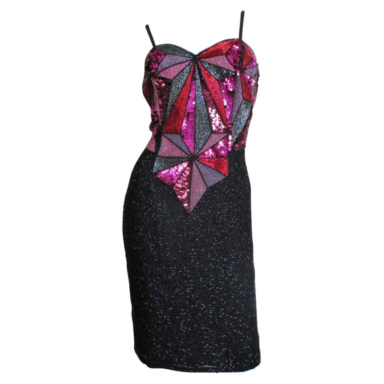 xscape beaded sheath dress THE BEAD GENERATION 20s Beaded Silk Dress with Jewel Tone Beads • Medi –  Love Street Vintage main image 1