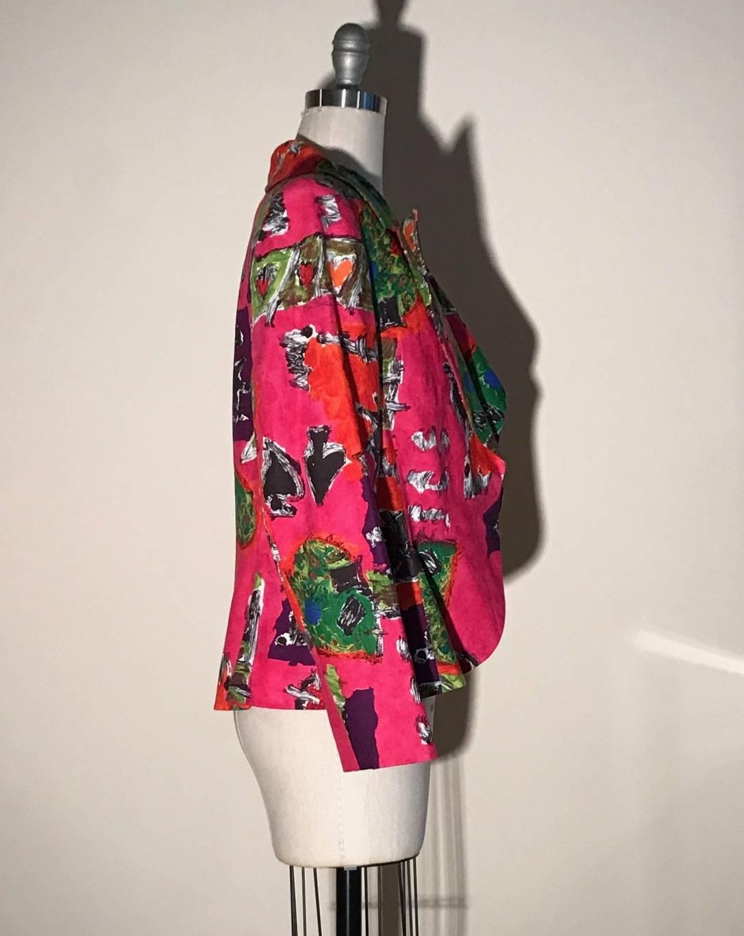 Christian Lacroix 1990s (estimated) pink and red abstract print open front jacket. Painterly brush strokes create abstract hearts, spades, clubs, squiggles, and landscapes on this wild wide lapeled linen jacket from Lacroix. 

100% linen.
Fully