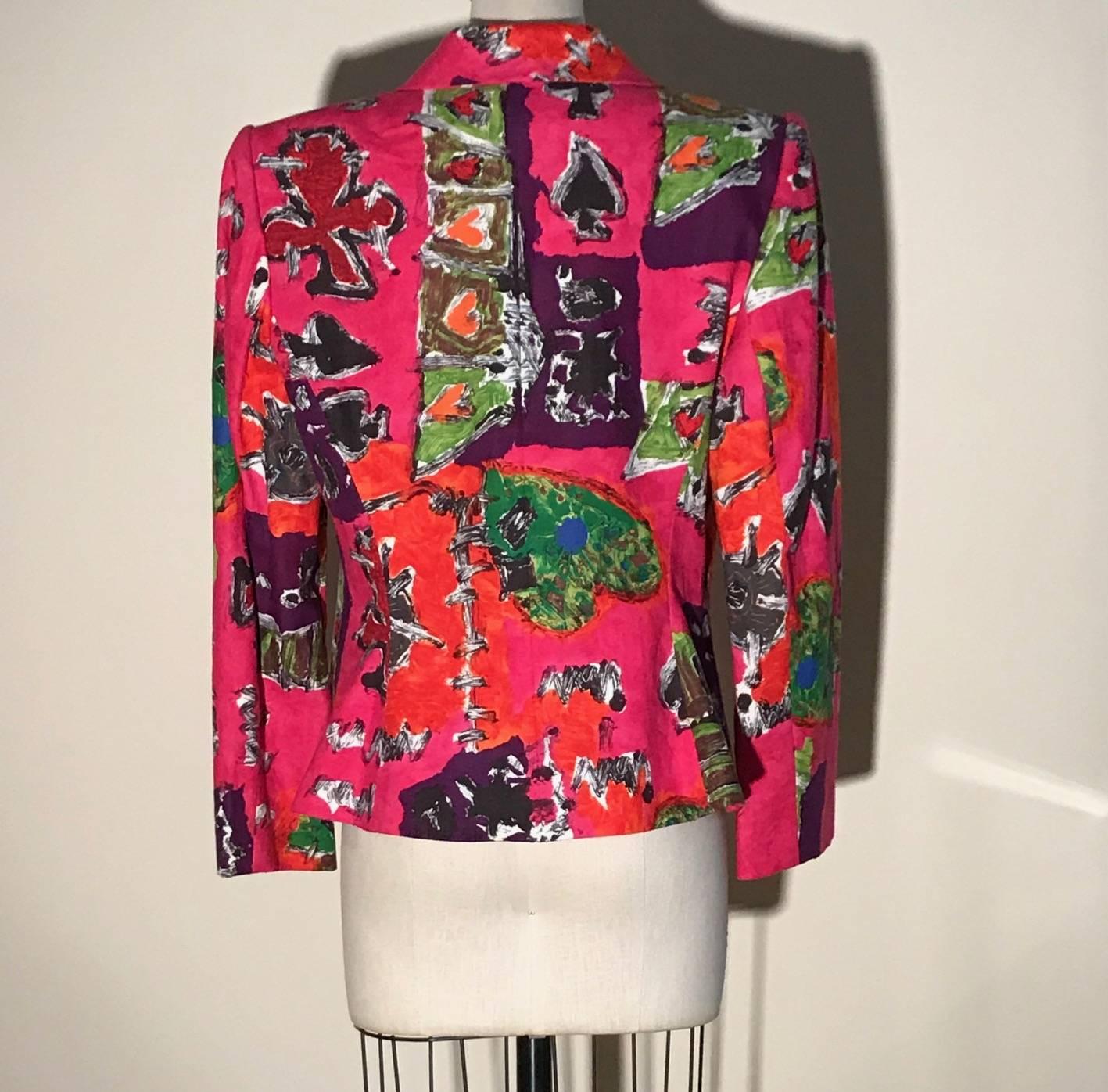 Black Christian Lacroix Abstract Print Pink and Red Linen Jacket, 1990s 
