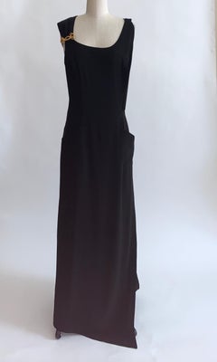 Christian Lacroix 1990s Black Gold Accent Pocket Front Maxi Wrap Dress Gown