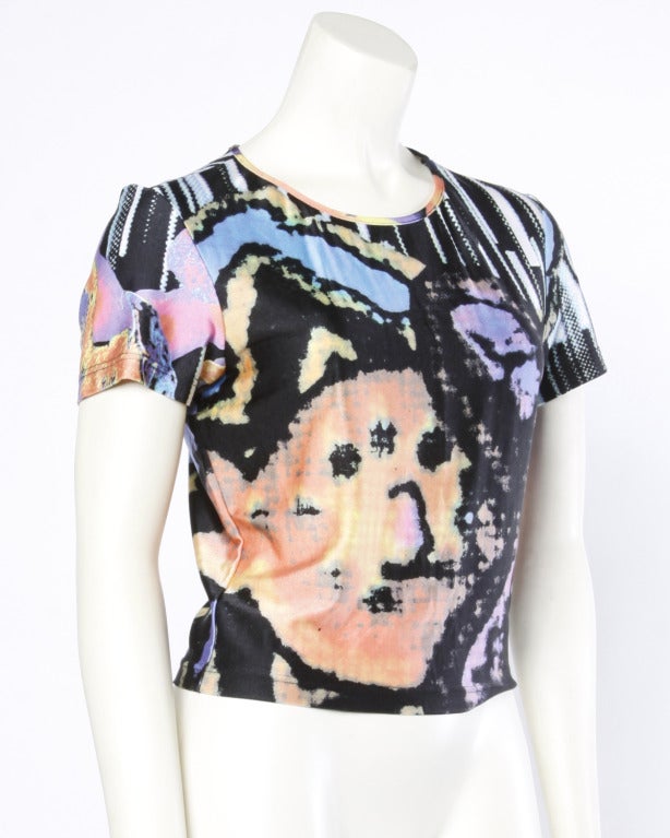 Christian Lacroix 1990s Colorful Abstract Pixel Print Jersey Knit T-Shirt Top In Excellent Condition In Sparks, NV