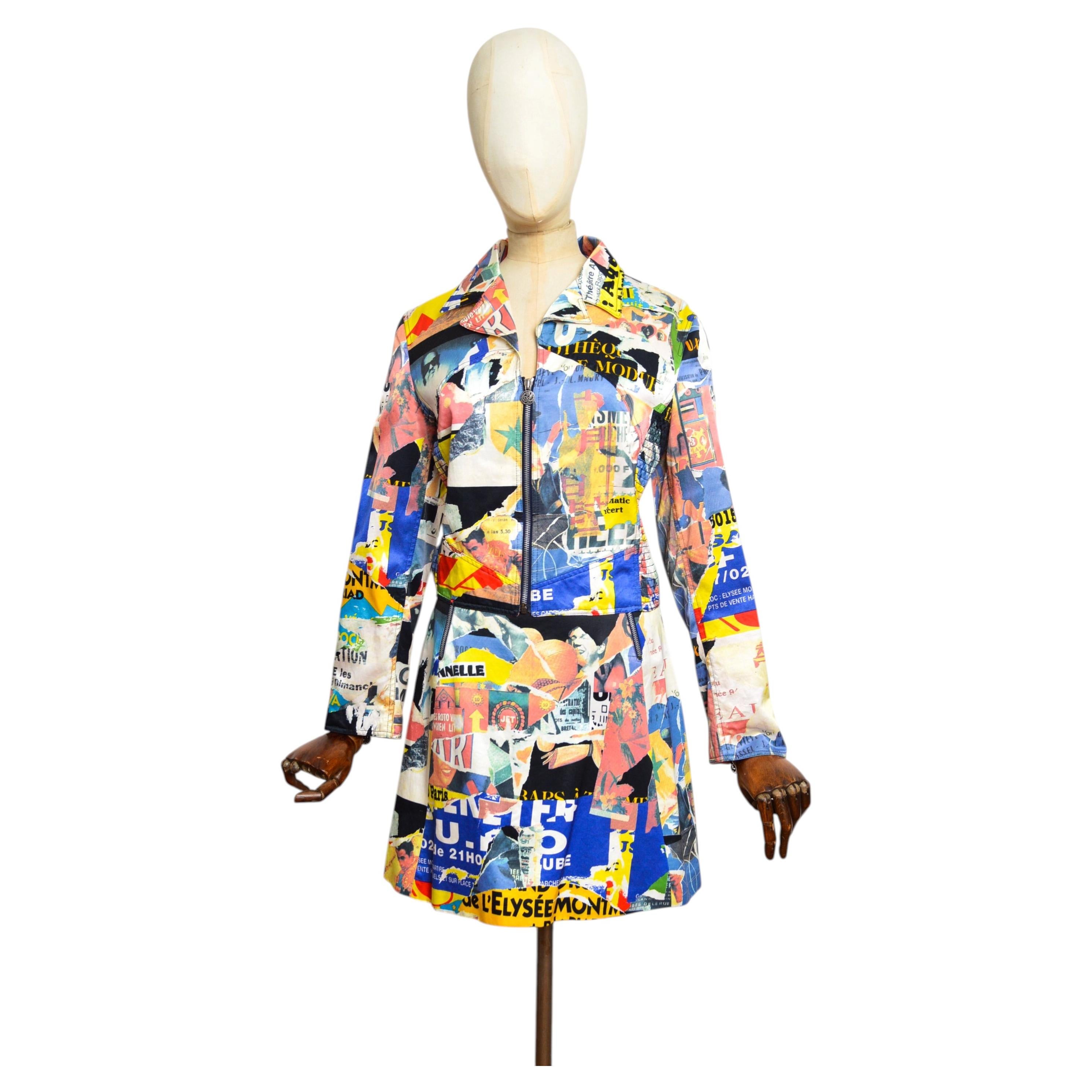 Christian Lacroix 1990s Colourful Satin Magazine Print Pattern Jacket Skirt Set