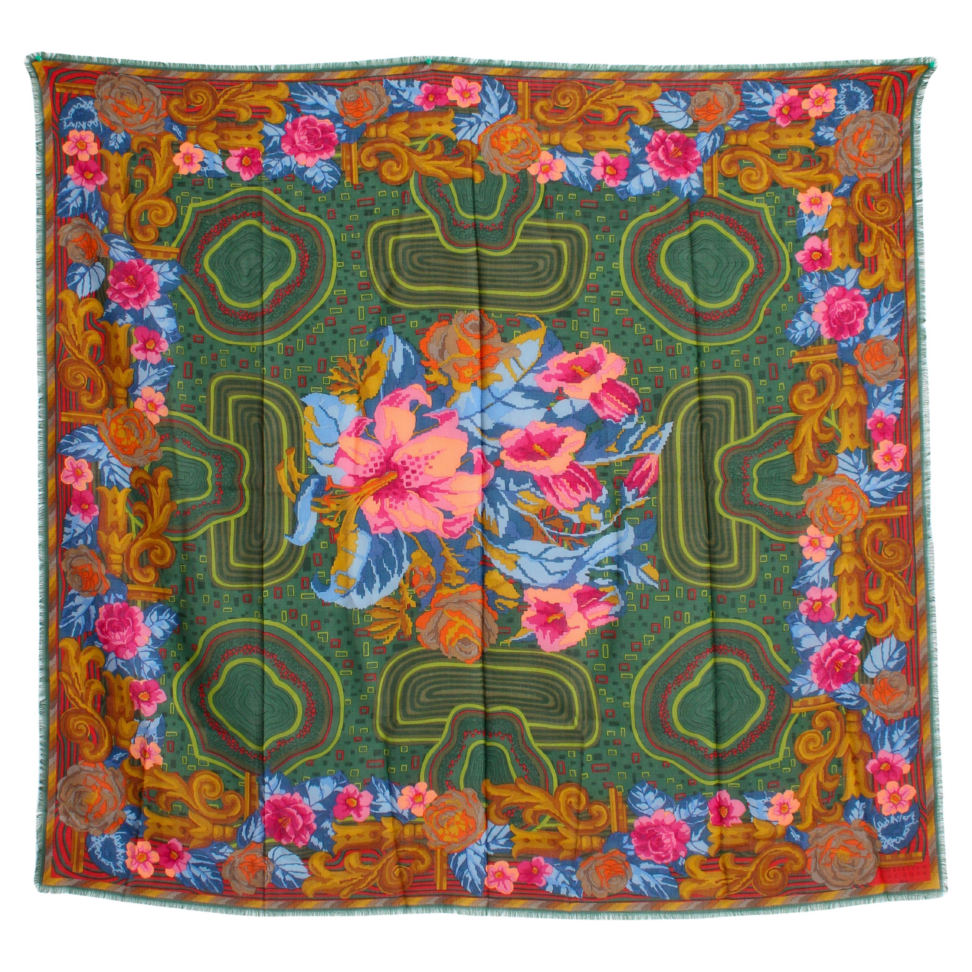 Christian Lacroix 1990s Floral Wool-Silk Scarf Shawl 46” Square Made in Italy