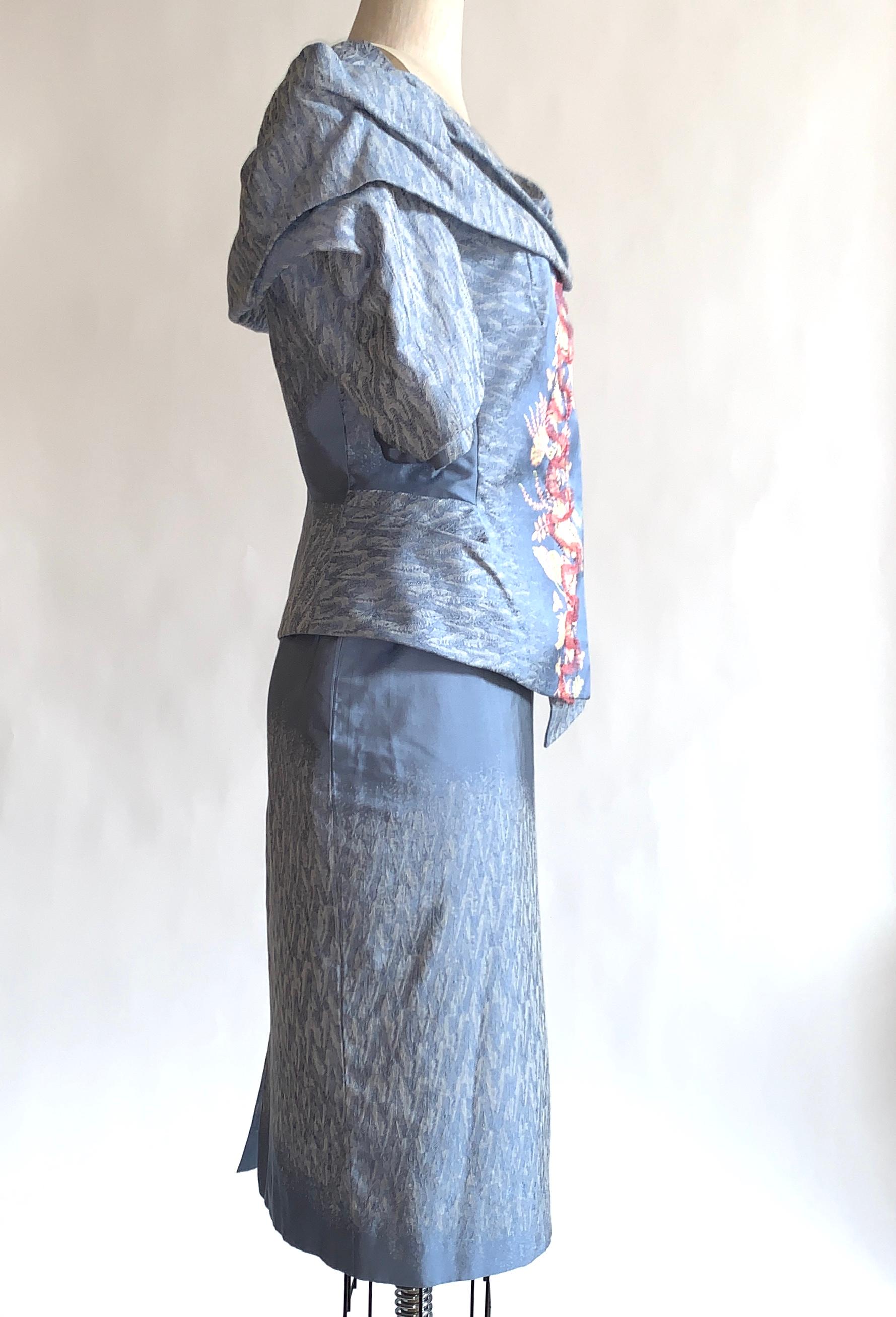 Christian Lacroix 1990s Light Blue Jacquard Skirt Suit with Applique Detail In Excellent Condition In San Francisco, CA