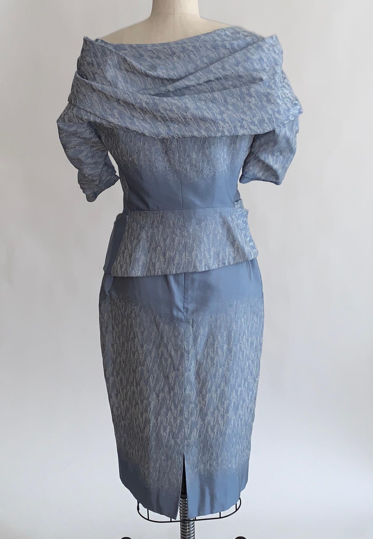 Women's Christian Lacroix 1990s Light Blue Jacquard Skirt Suit with Applique Detail