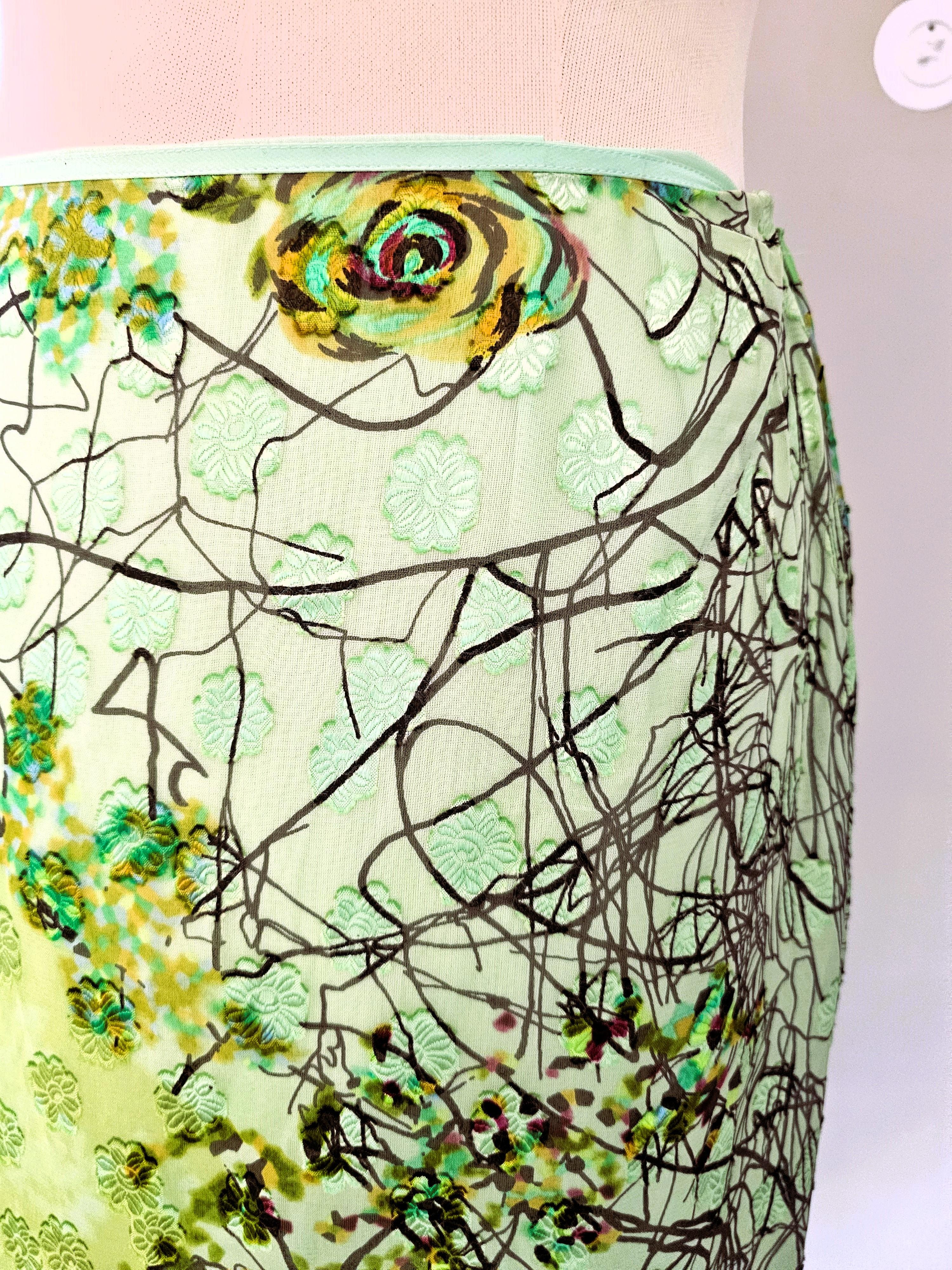 Rara Falda Christian Lacroix de los 90 Verde con Exquisito Estampado Beige en venta