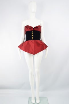 Christian Lacroix 1990s Vintage Red Silk & Black Velvet Evening Peplum Bustier