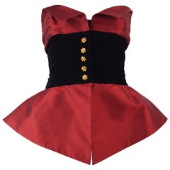 Christian Lacroix 1990s Vintage Red Silk & Black Velvet Evening Peplum Bustier