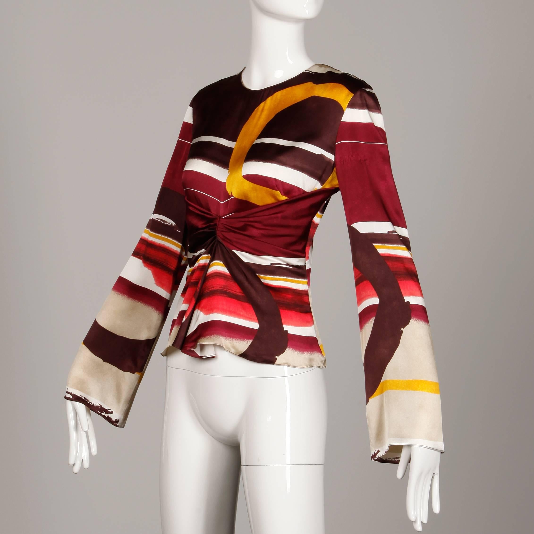Christian Lacroix Abstract Printed Striped Silk Bell Sleeve Top/Shirt/Blouse In Excellent Condition In Sparks, NV