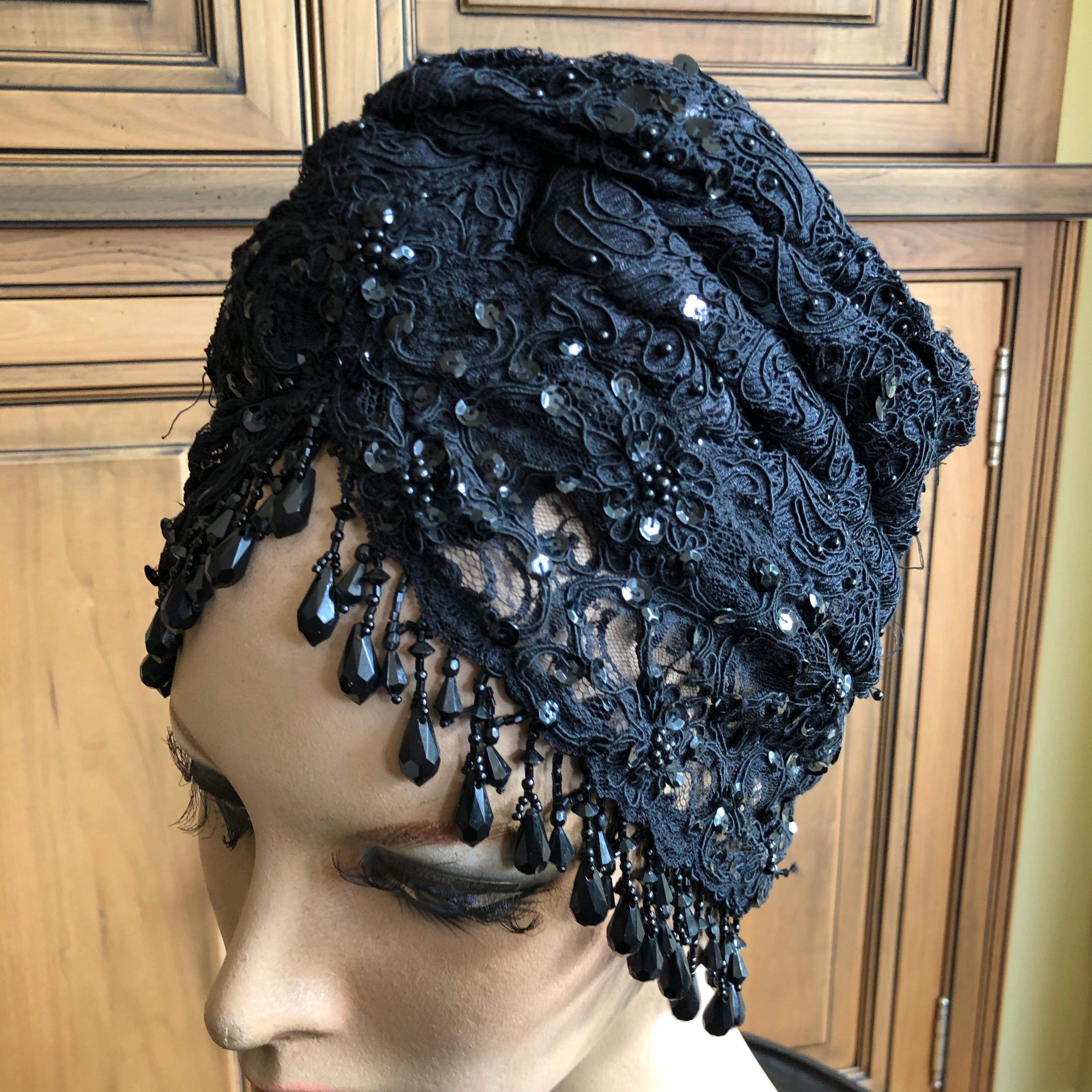 Christian Lacroix Amazing Black Lace Turban with Jet Bead Fringe In Good Condition For Sale In Cloverdale, CA