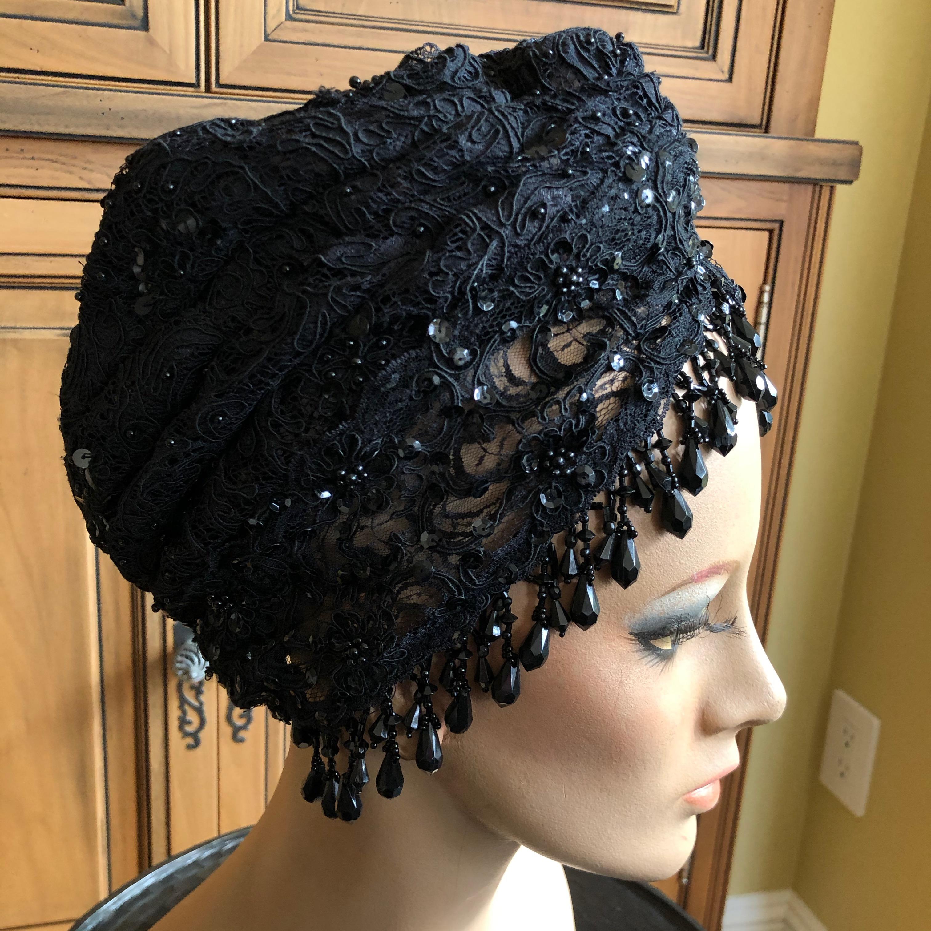 Women's or Men's Christian Lacroix Amazing Black Lace Turban with Jet Bead Fringe For Sale
