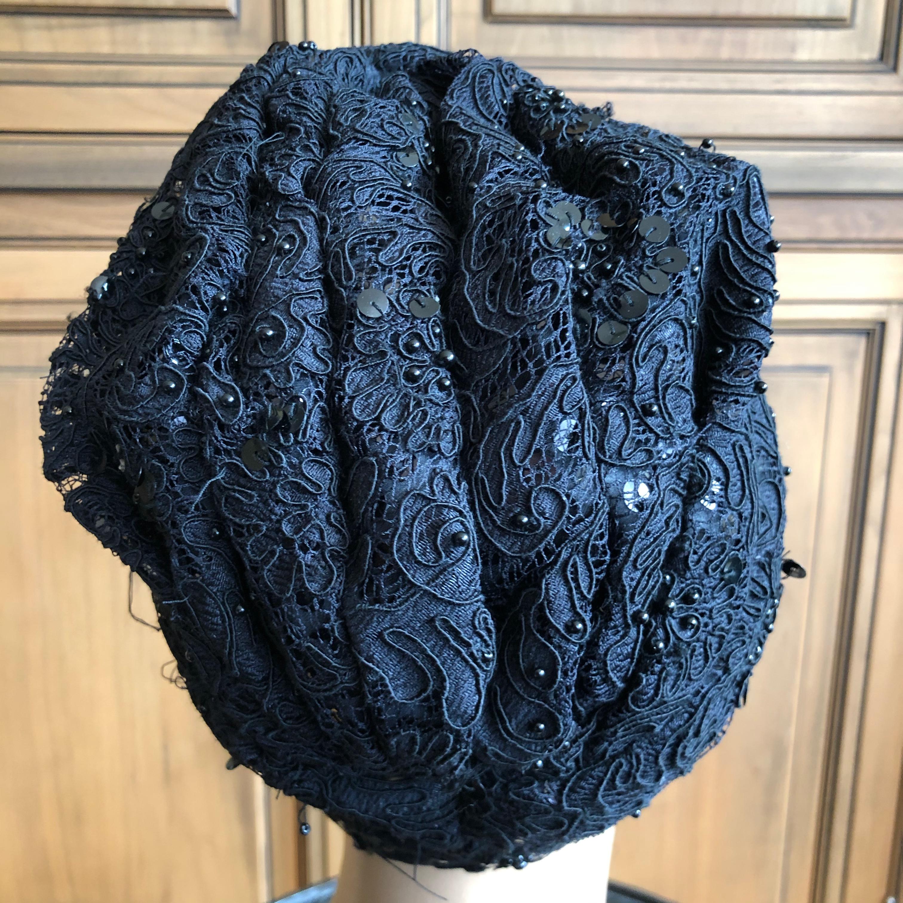 Christian Lacroix Amazing Black Lace Turban with Jet Bead Fringe For Sale 2