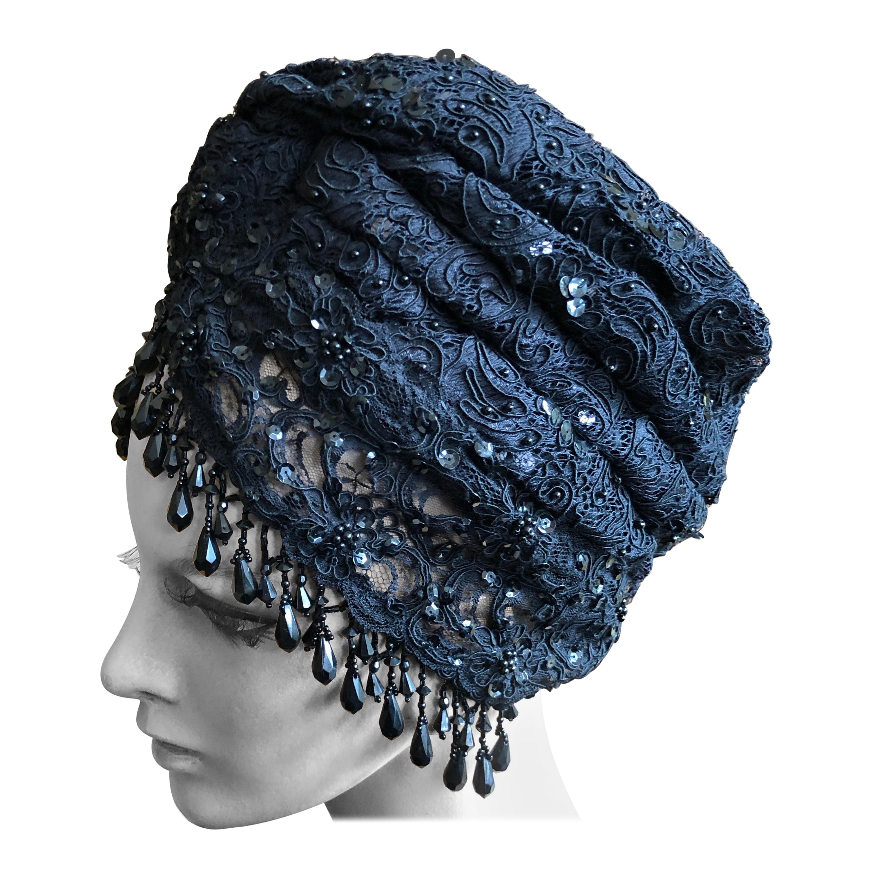 Christian Lacroix Amazing Black Lace Turban with Jet Bead Fringe For Sale