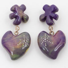 Christian Lacroix Amethyst and Yellow Jeweled Heart Clip Earrings