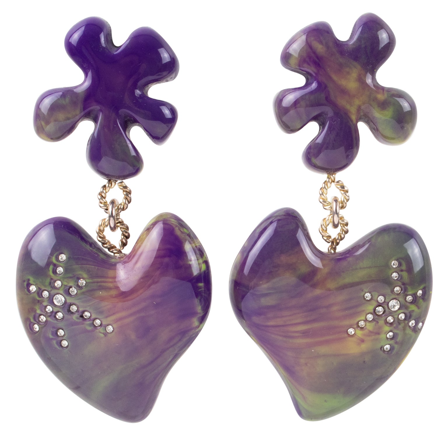 Christian Lacroix, boucles d'oreilles cœur en améthyste et bijoux jaunes en vente