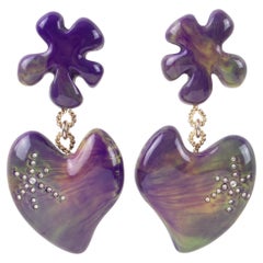 Christian Lacroix Amethyst and Yellow Jeweled Heart Clip Earrings