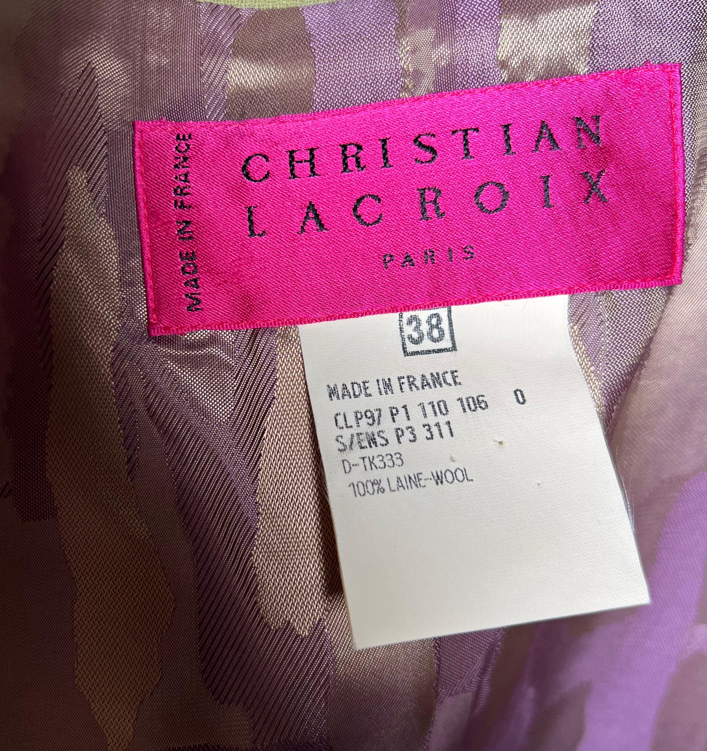 Christian Lacroix Avocado Green Double Breasted Skirt Suit, 1990s In New Condition For Sale In Los Angeles, CA