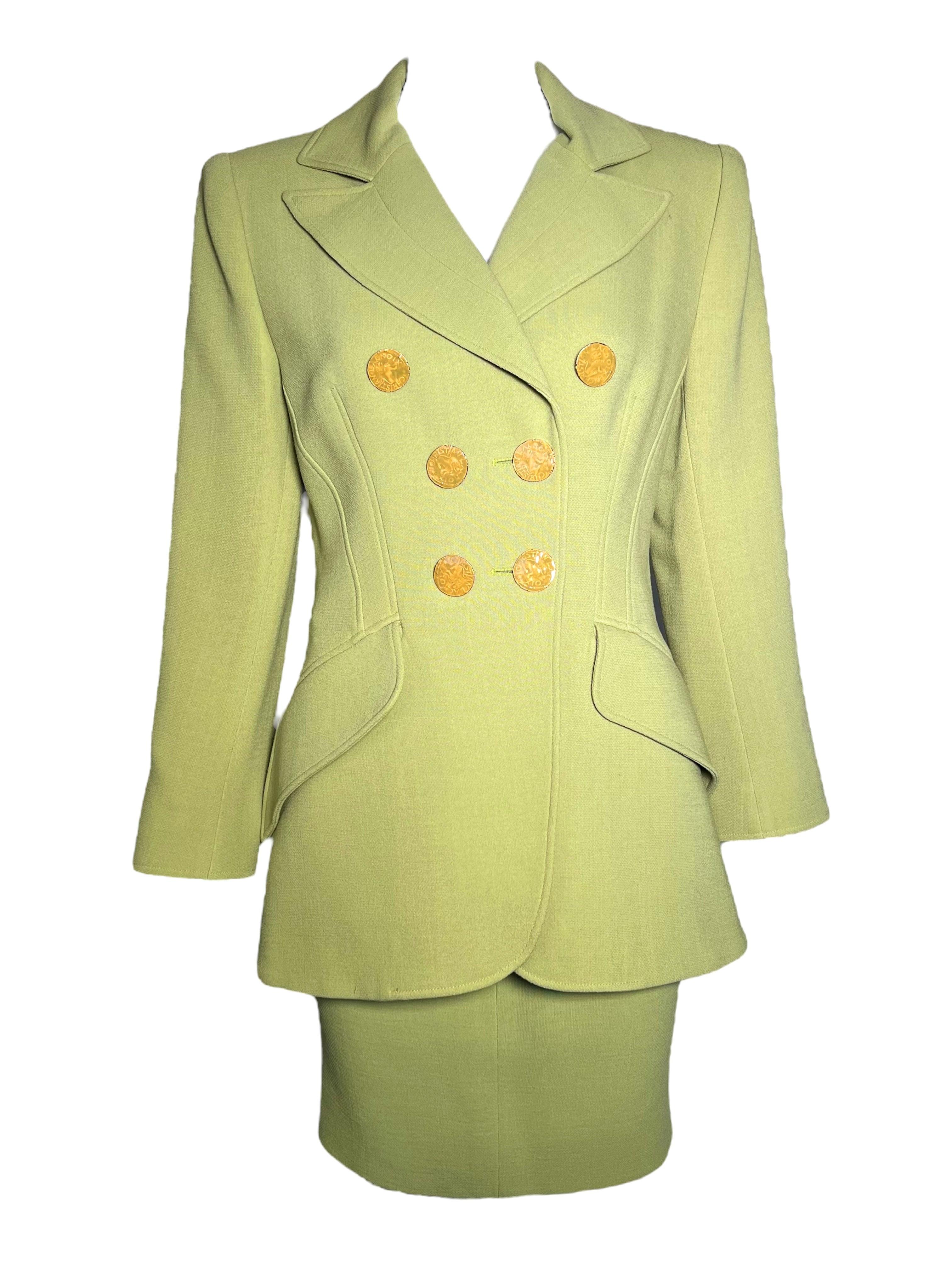 Christian Lacroix Avocado Green Double Breasted Skirt Suit, 1990s For Sale