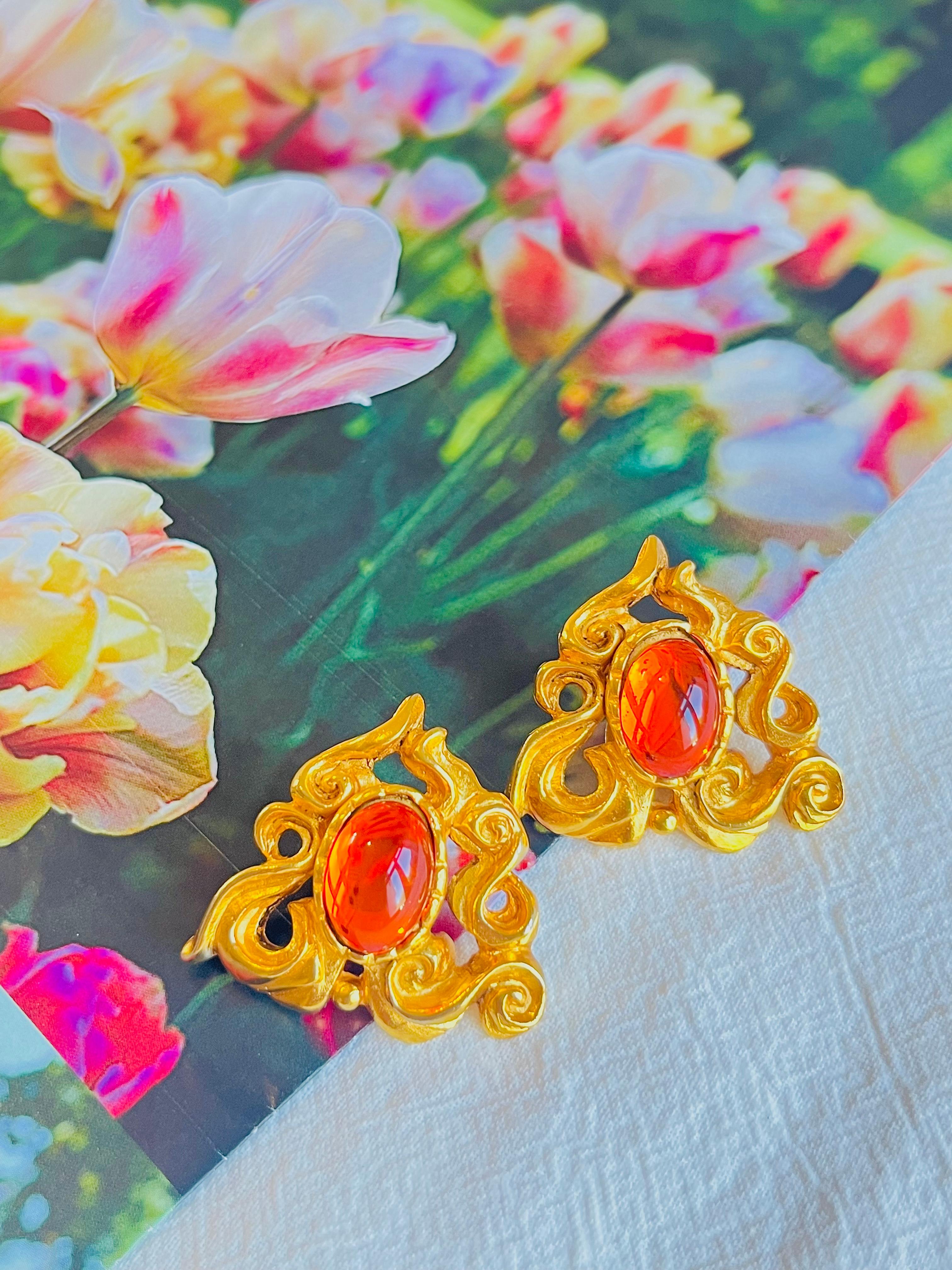 Art Deco Christian Lacroix Baroque Gripoix Openwork Heart Orange Jelly Belly Earrings For Sale