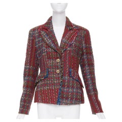 CHRISTIAN LACROIX BAZAR 1996 red plaid tweed crest button blazer jacket FR44 XL