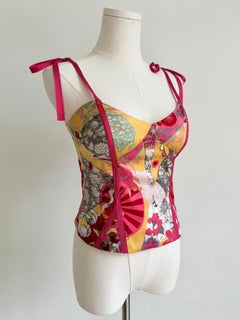 Christian Lacroix Bazar Pink & Yellow Collage Print Ribbon-Trim Corset Top